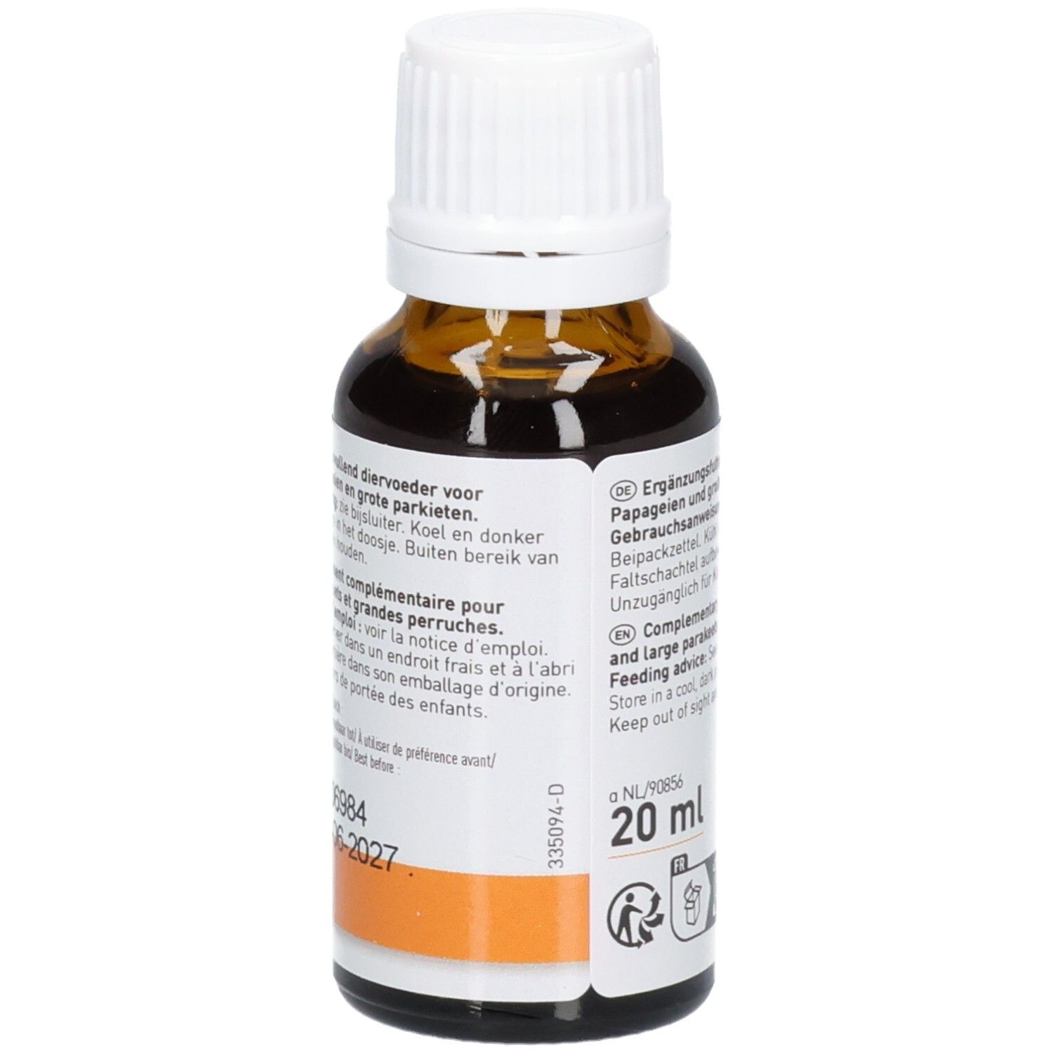 Dos du flacon en verre brun. Étiquette avec texte, indication 20 ml et pictogrammes.
