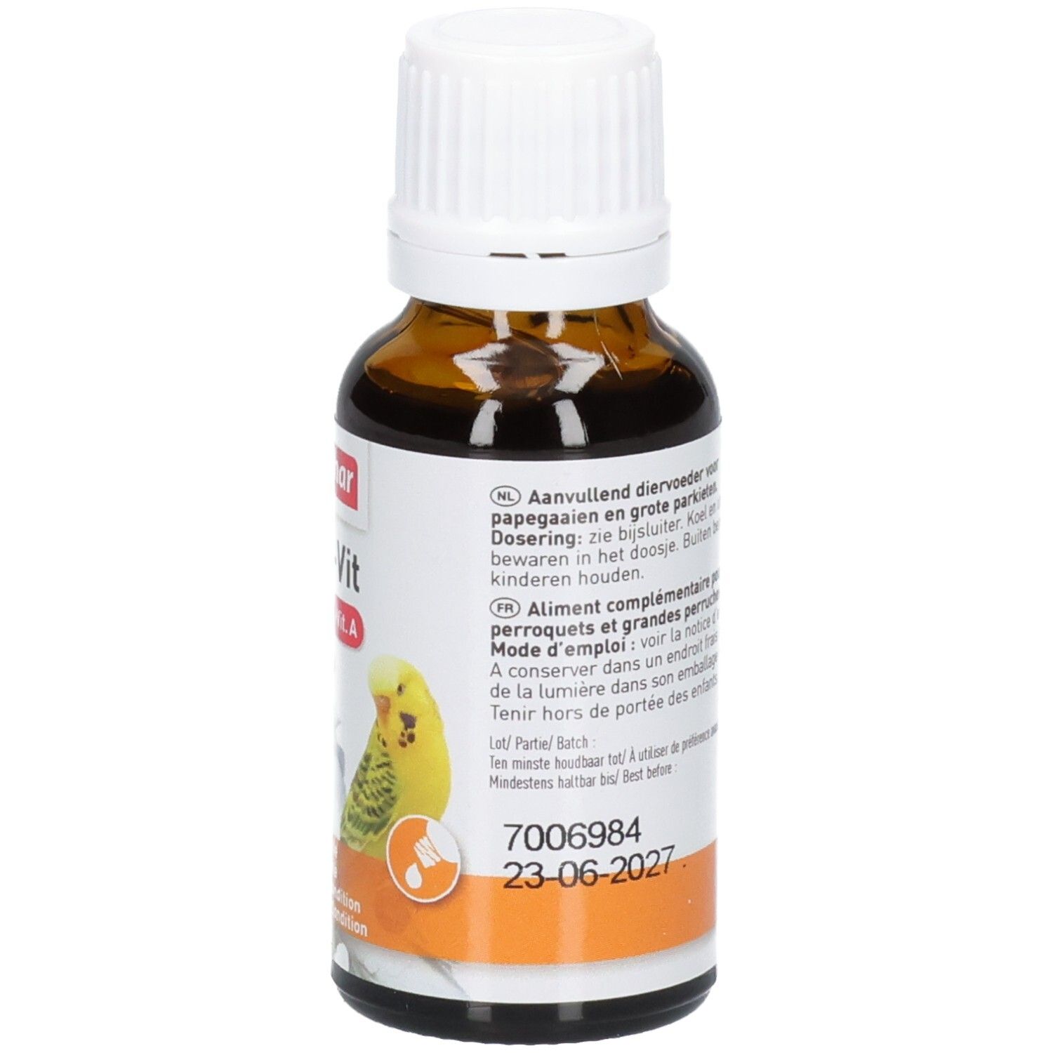 Dos du flacon en verre brun. Étiquette avec texte, indication 20 ml et pictogrammes.