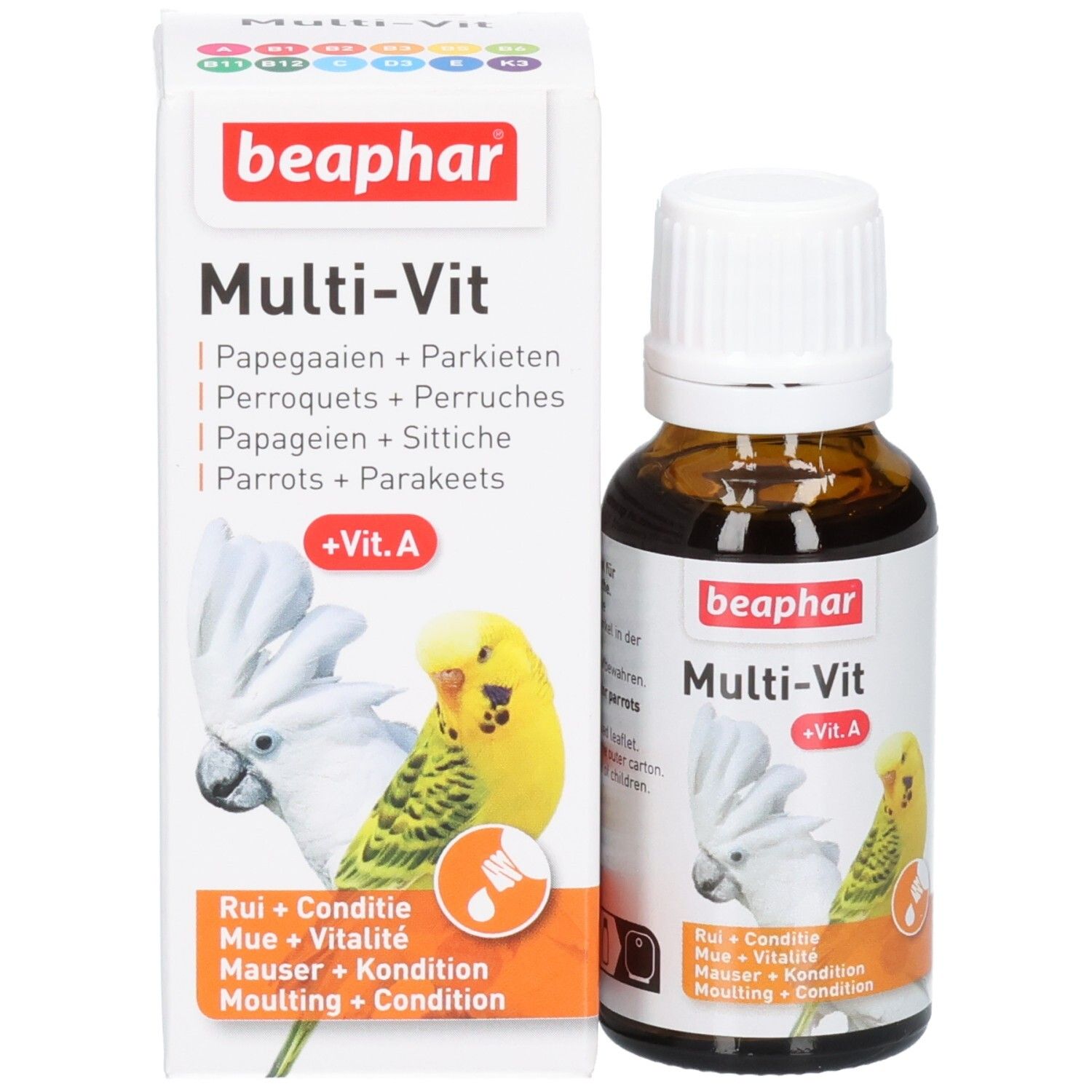 Flacon et emballage du produit. Emballage avec nom du produit, illustration de perroquets et '+Vit. A'.