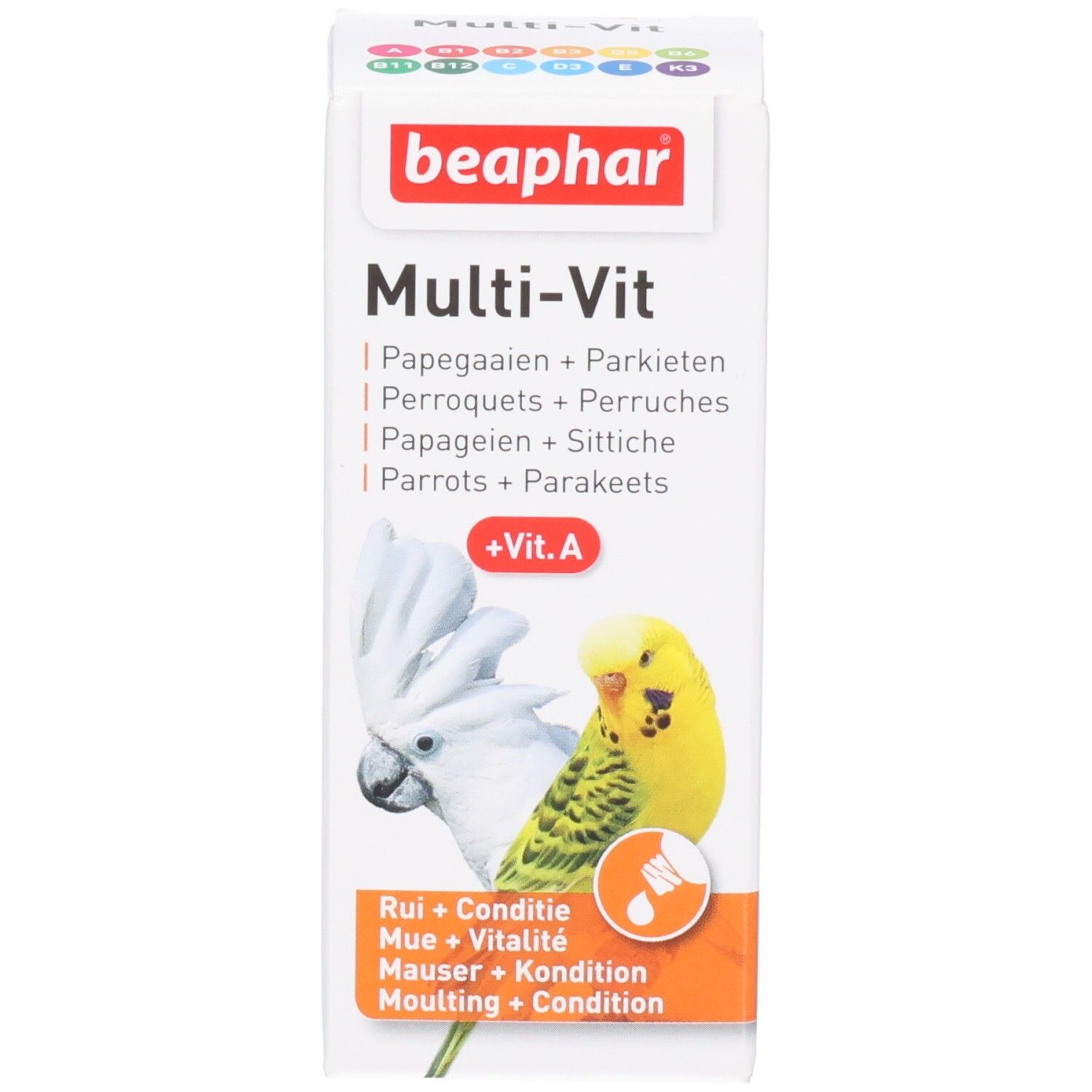 Emballage du produit. Emballage avec nom du produit, illustration de perroquets et '+Vit. A'.