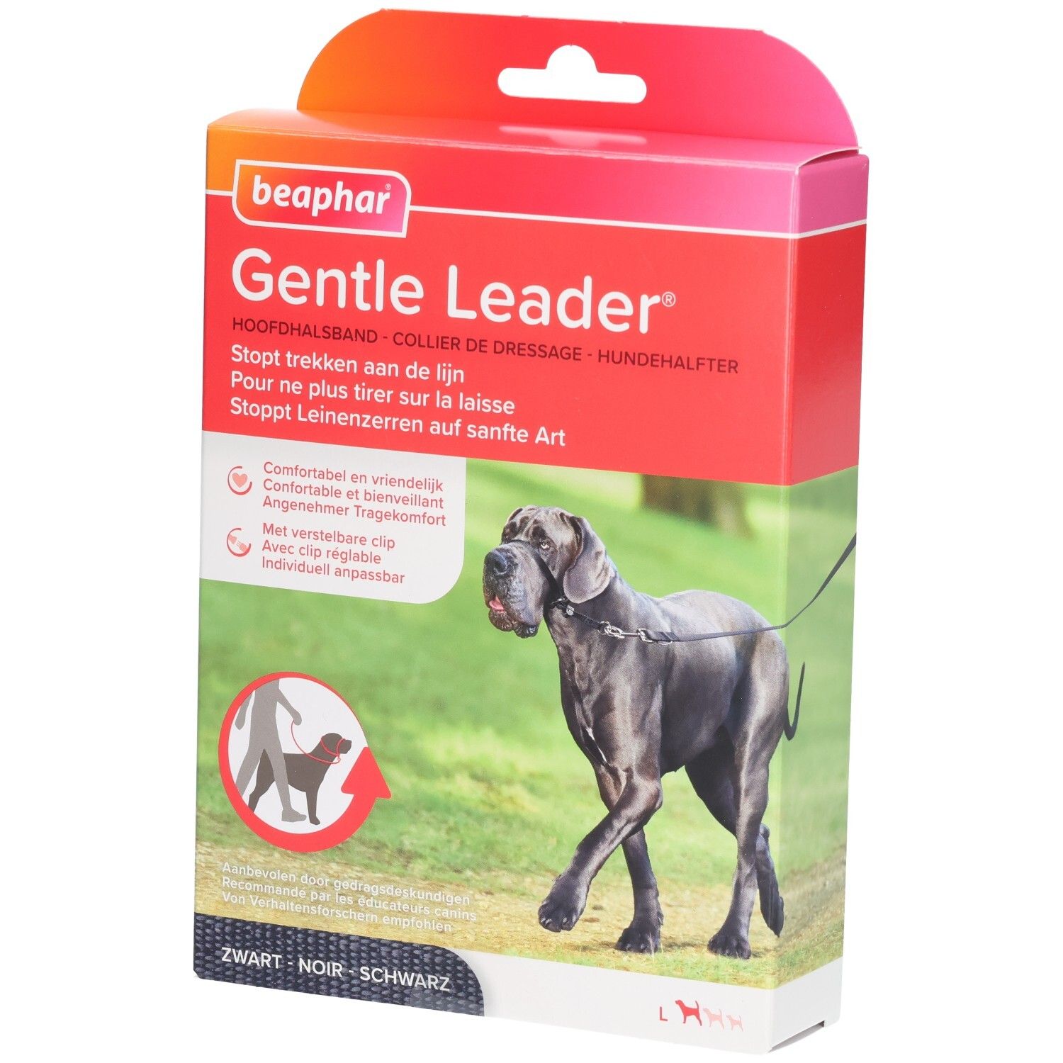Boîte Beaphar Gentle Leader. Rouge et blanc, image du produit et texte. Leash noir sur le chien.