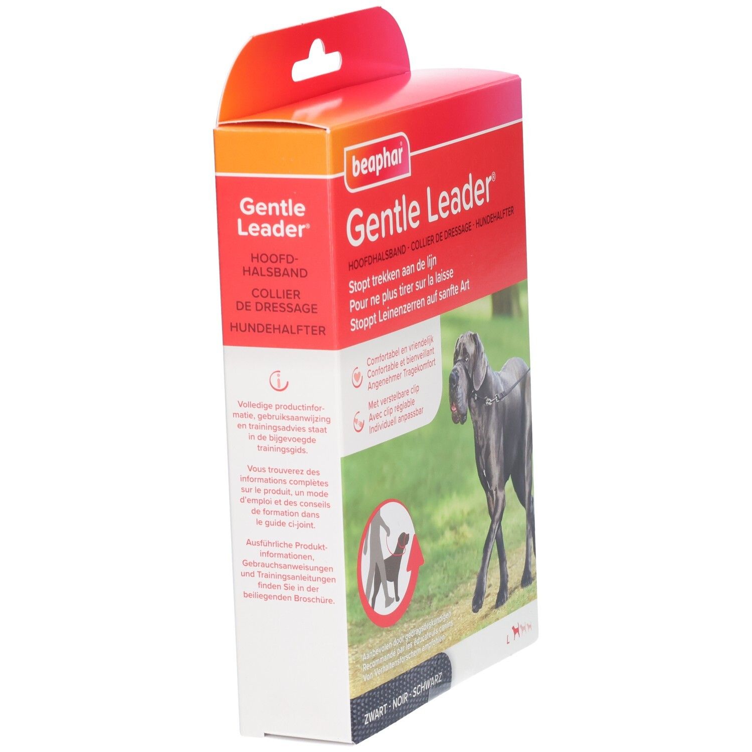 Boîte Beaphar Gentle Leader en biais. Rouge et blanc, image du produit et texte. Chien sur l'herbe.