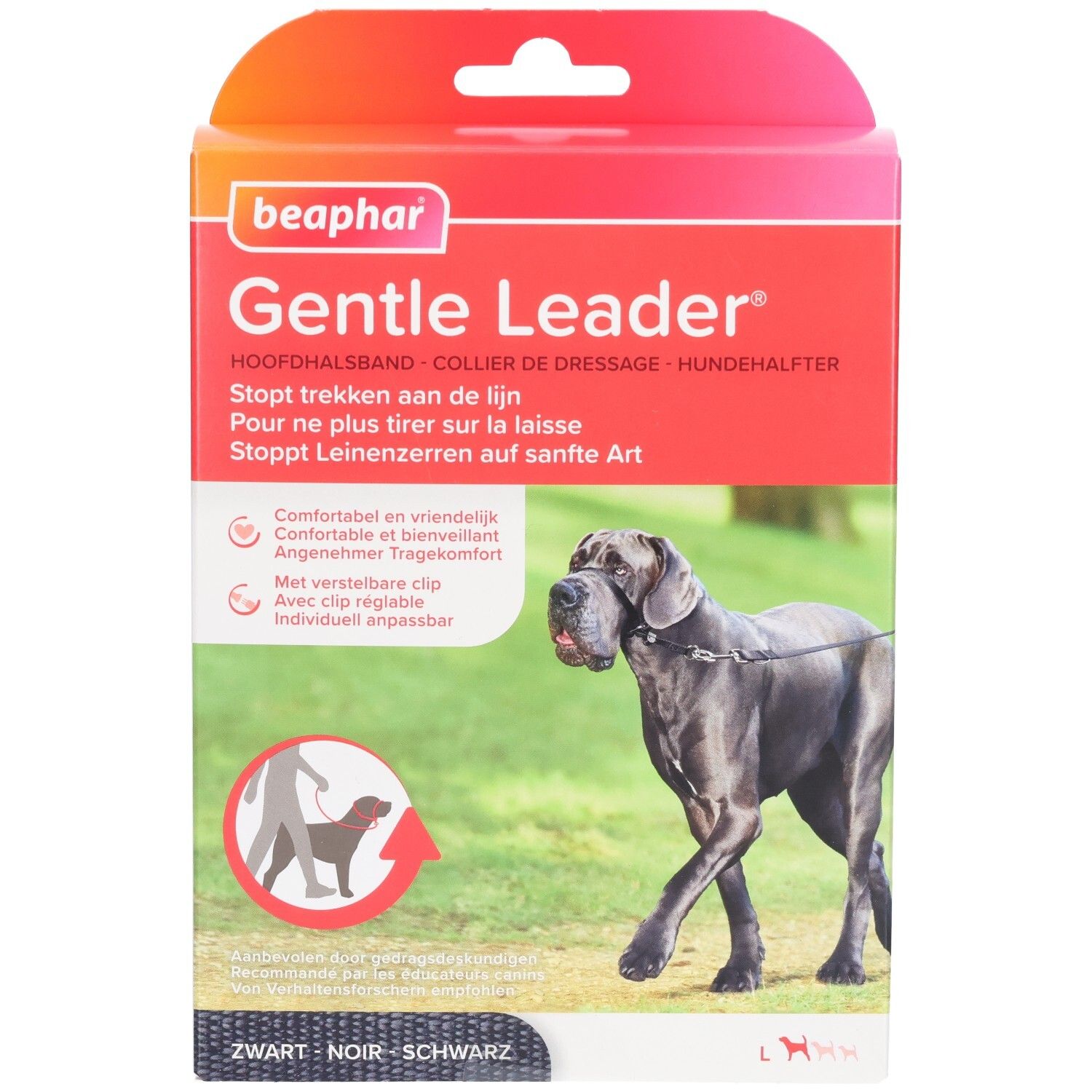 Boîte Beaphar Gentle Leader. Rouge et blanc, image du produit et texte. Leash noir sur le chien.