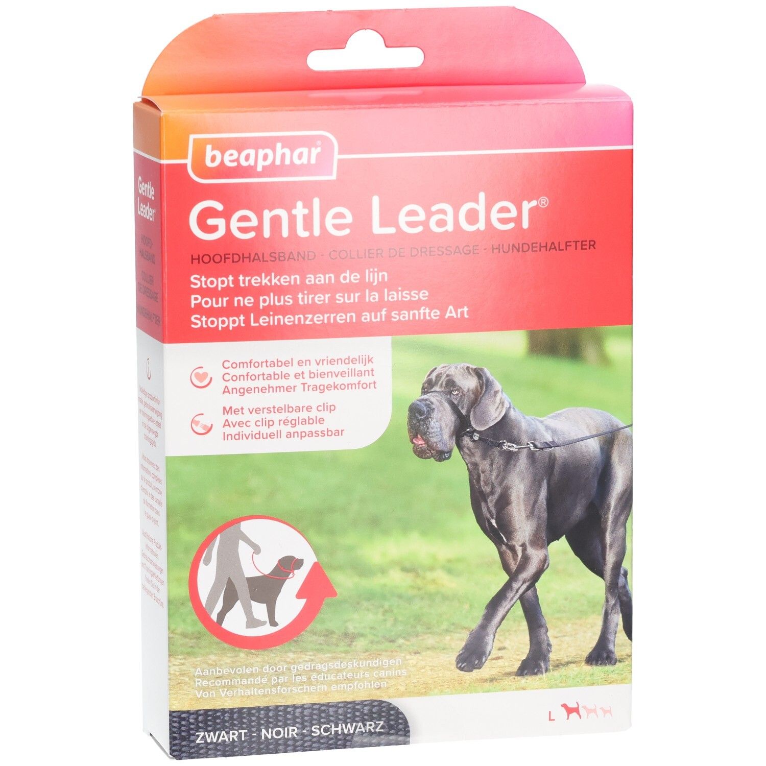 Boîte Beaphar Gentle Leader. Rouge et blanc, image du produit et texte. Leash noir sur le chien.