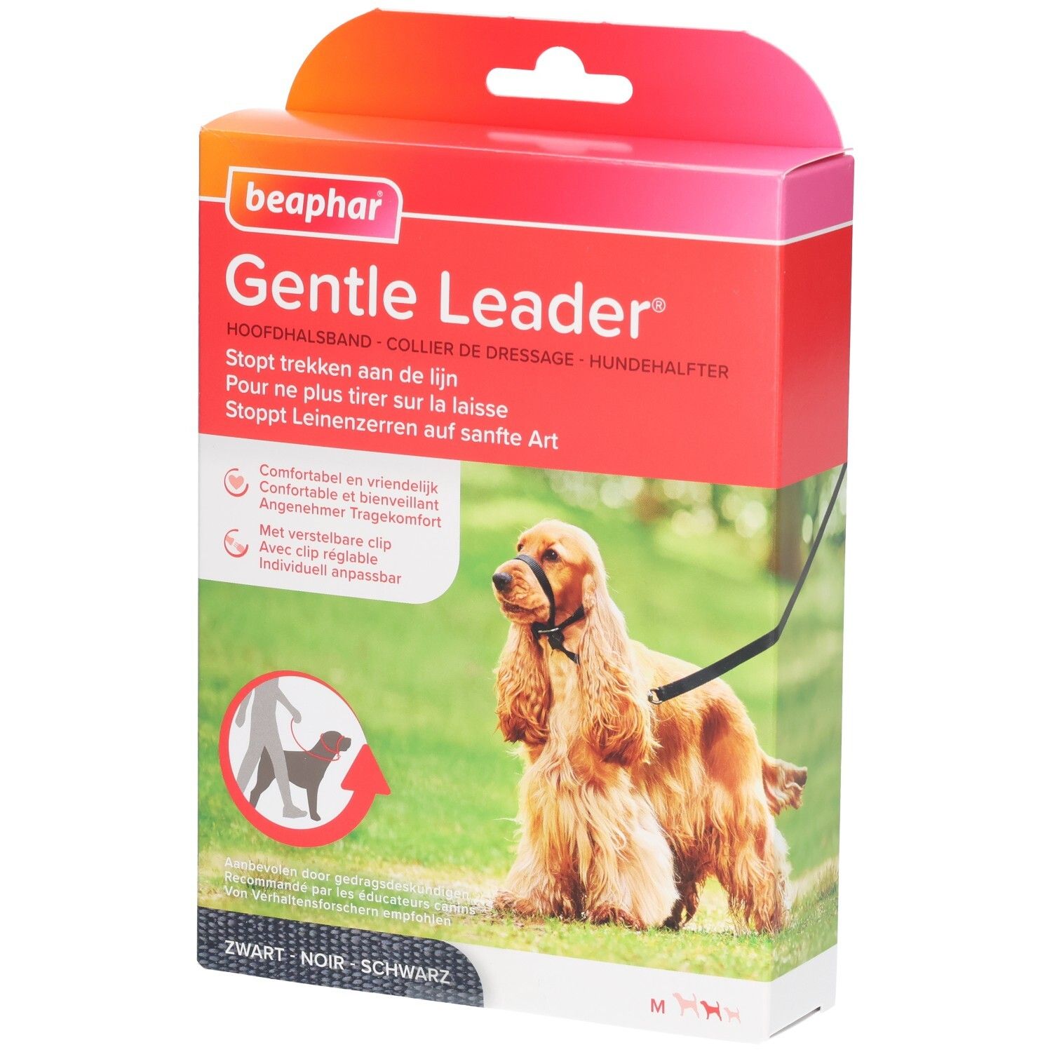 Boîte Beaphar Gentle Leader. Collier noir pour chiens moyens. Illustration du produit avec un chien.