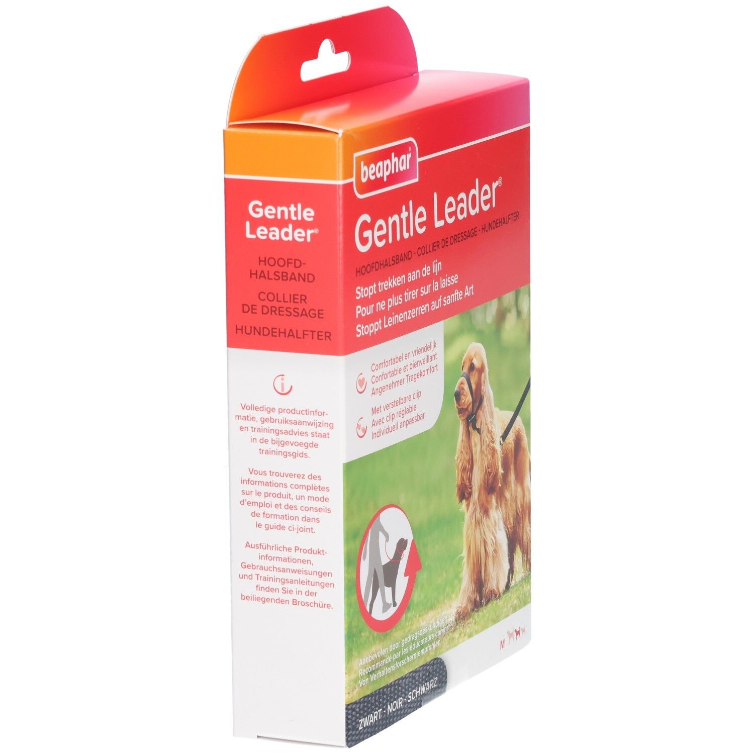 Emballage Beaphar Gentle Leader. Informations produit sur le côté. Collier noir pour chiens.