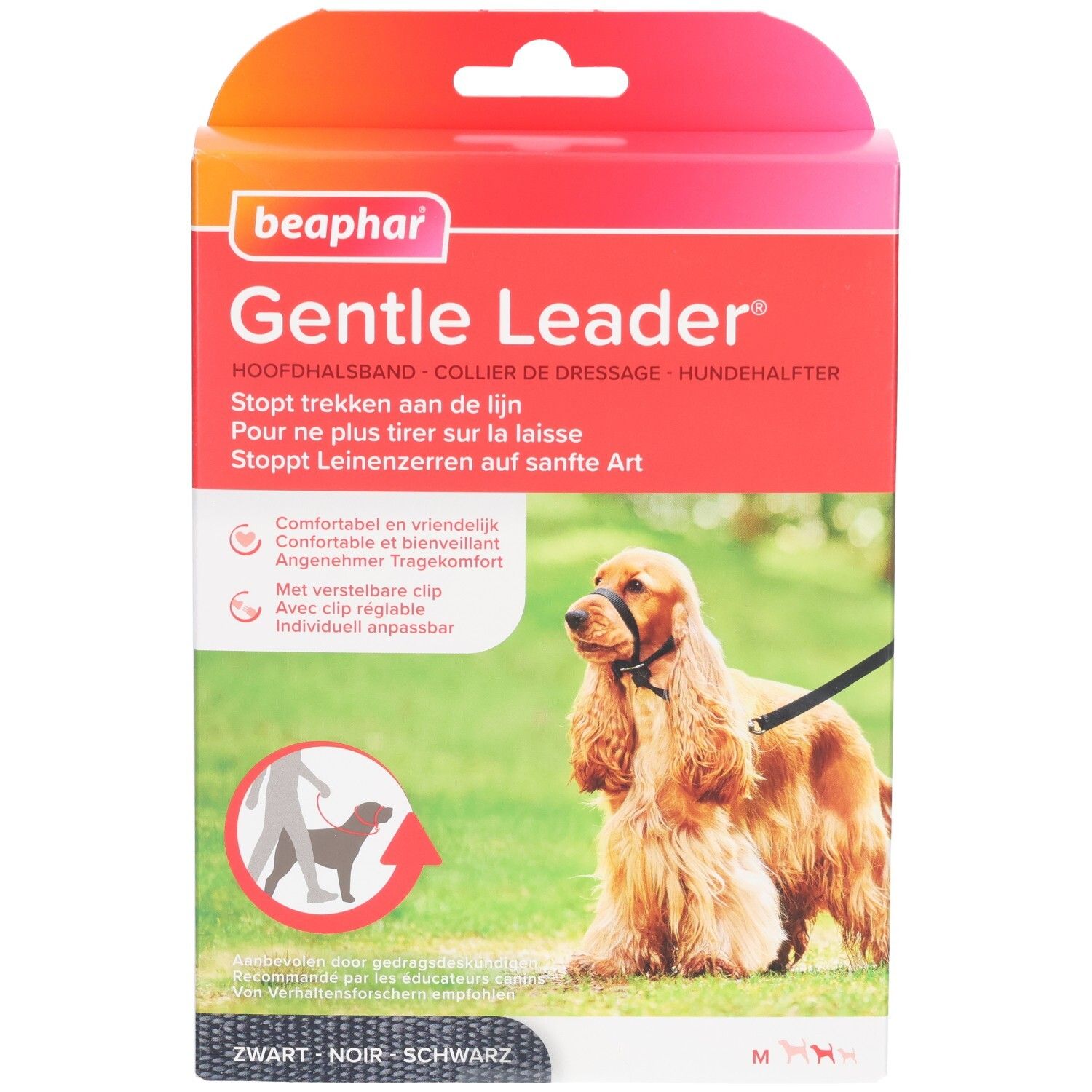 Emballage Beaphar Gentle Leader. Collier noir pour chiens moyens. Illustration du produit avec un chien.