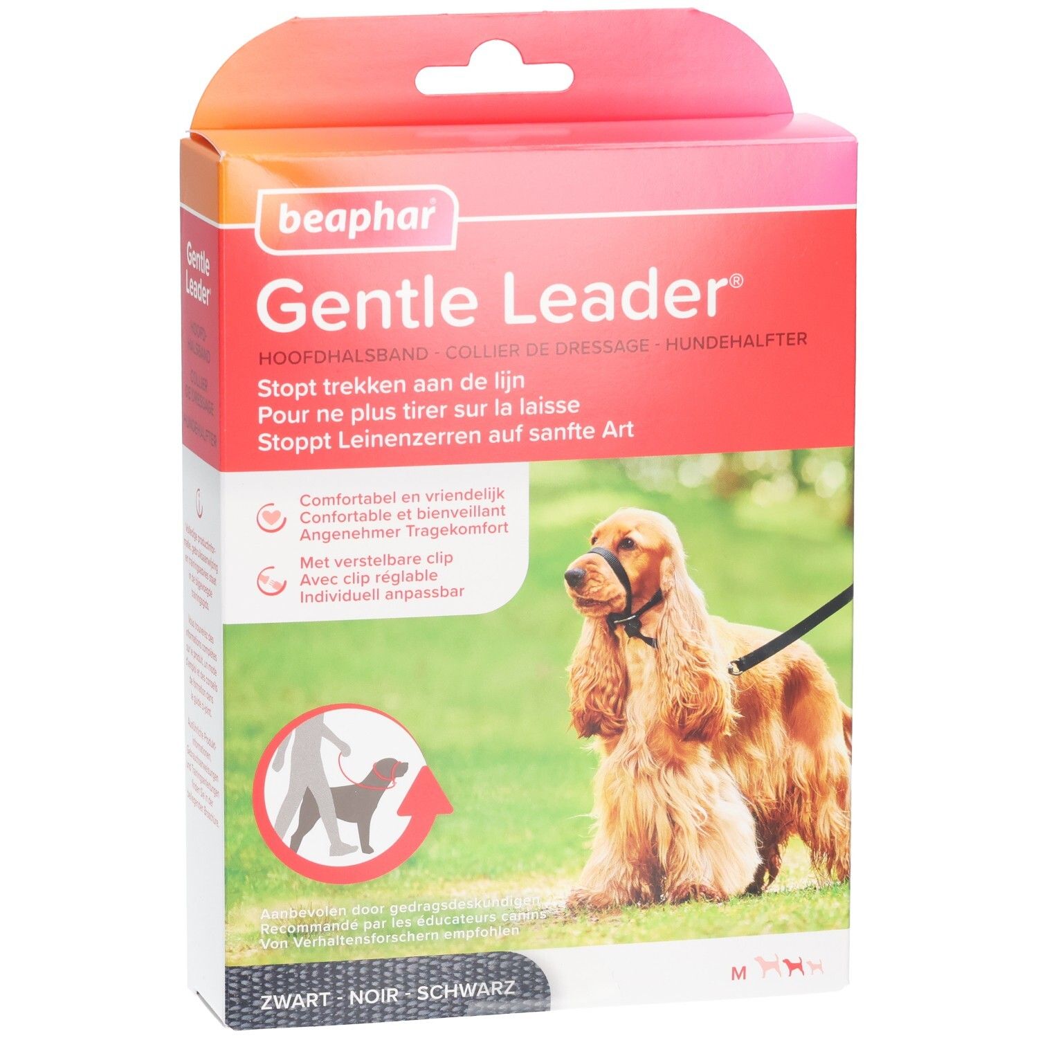 Emballage Beaphar Gentle Leader. Collier noir pour chiens moyens. Illustration du produit avec un chien.