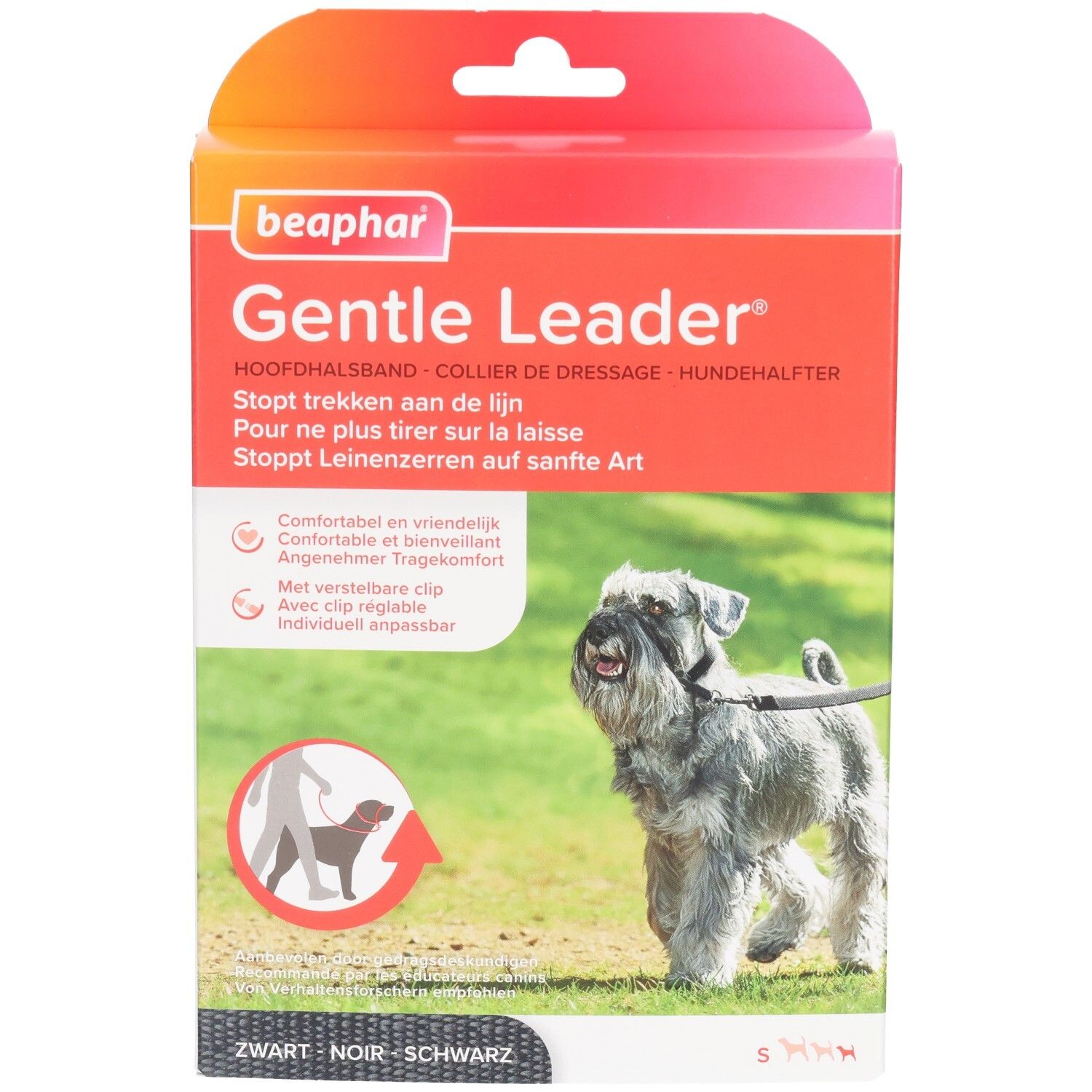 Beaphar Gentle Leader, collier noir pour petits chiens. Emballage avec chien sur l'herbe. Texte: Arrête de tirer sur la laisse.