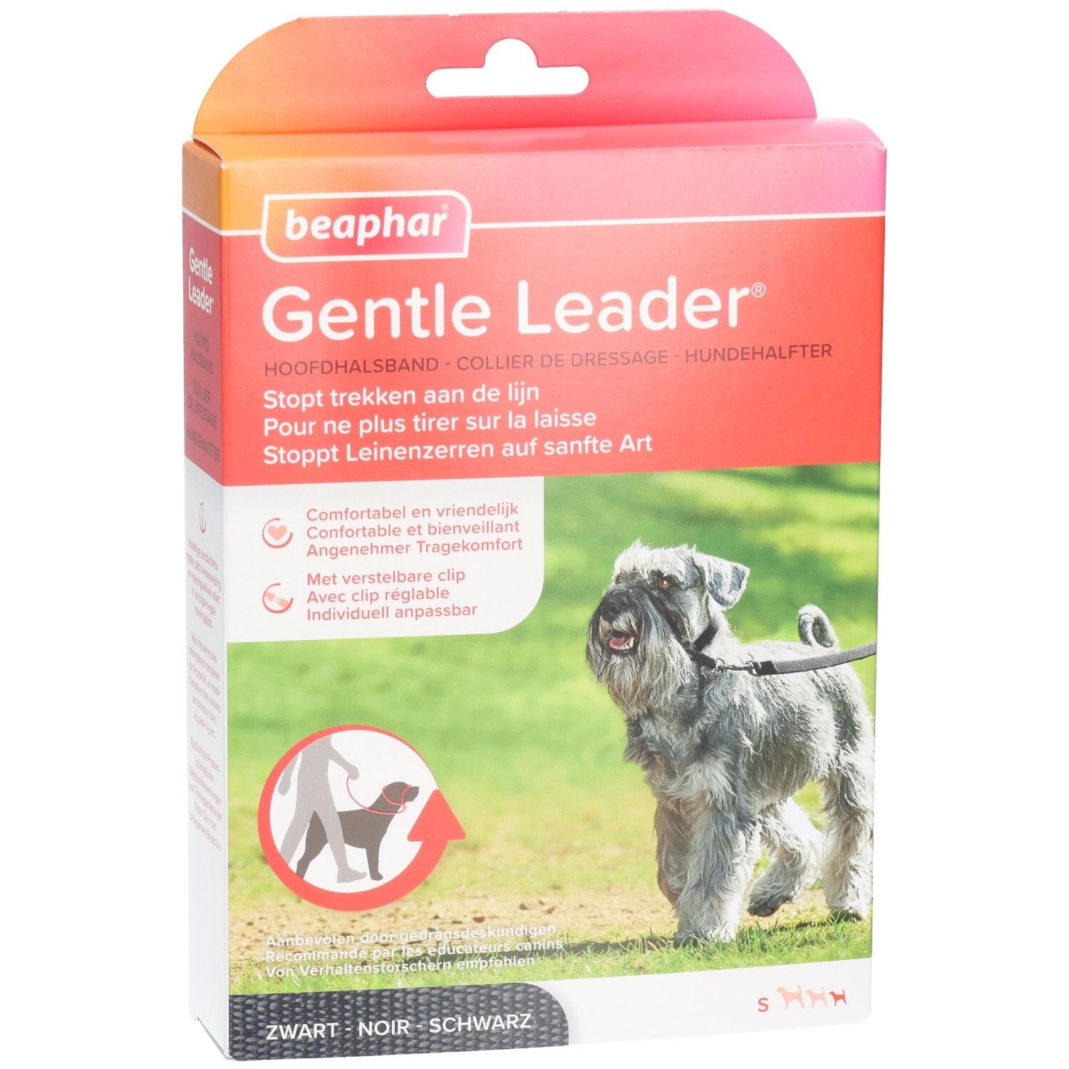 Beaphar Gentle Leader, collier noir pour petits chiens. Emballage avec chien sur l'herbe. Texte: Arrête de tirer sur la laisse.