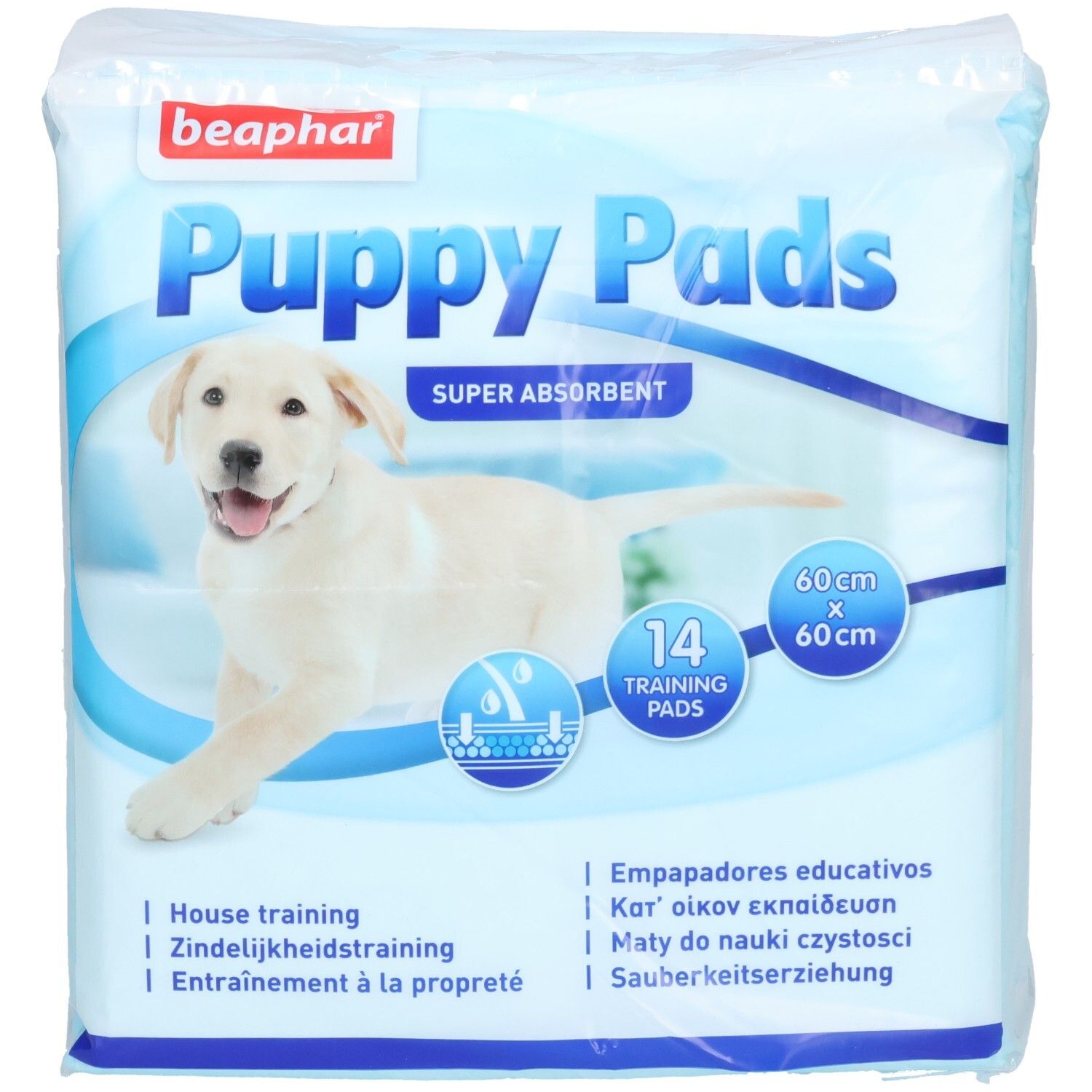 Paquet de coussinets pour chiots bleus. Inscription: Beaphar Puppy Pads, 14 pièces, 60x60cm. Image d'un chiot.