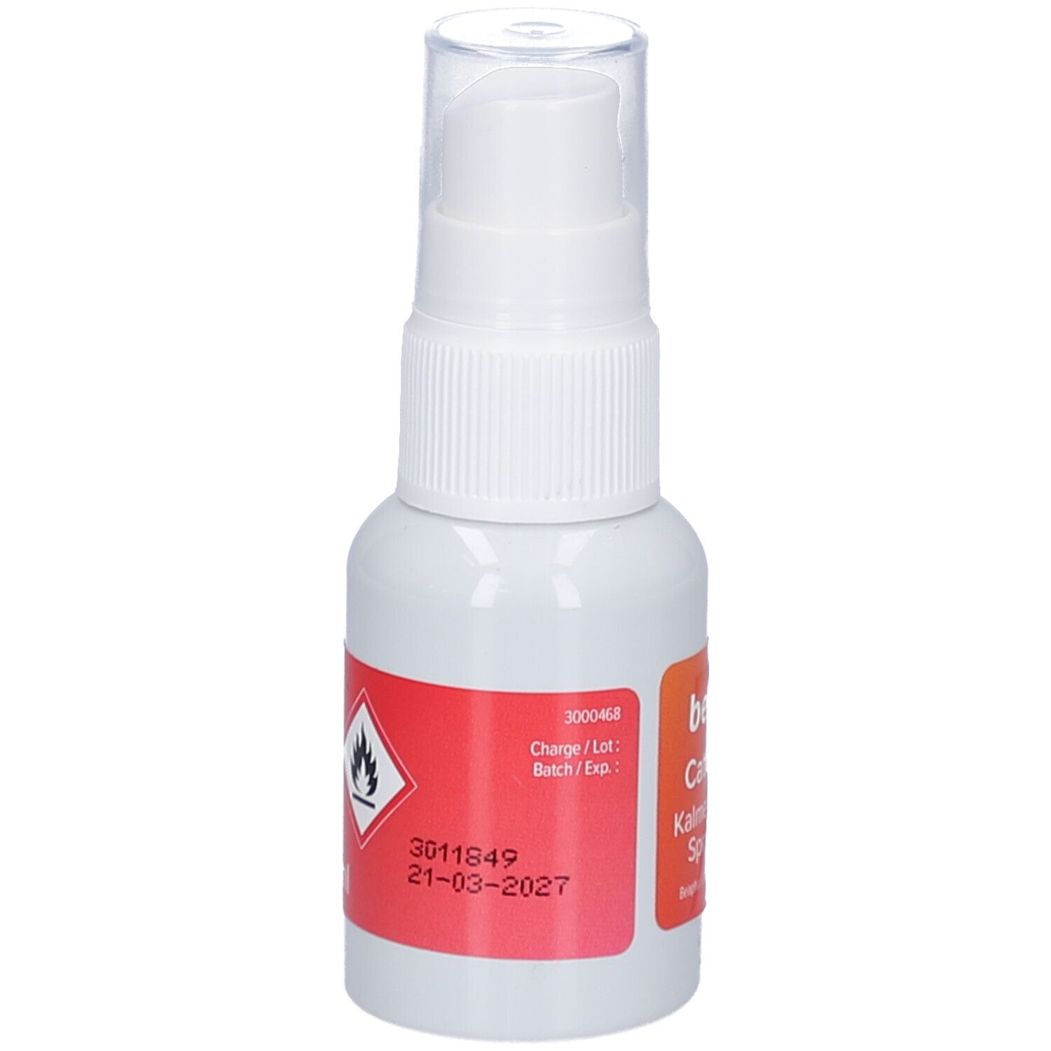 Flacon spray blanc avec étiquette rouge. Étiquette avec numéro de lot, date d'expiration et symbole de danger.