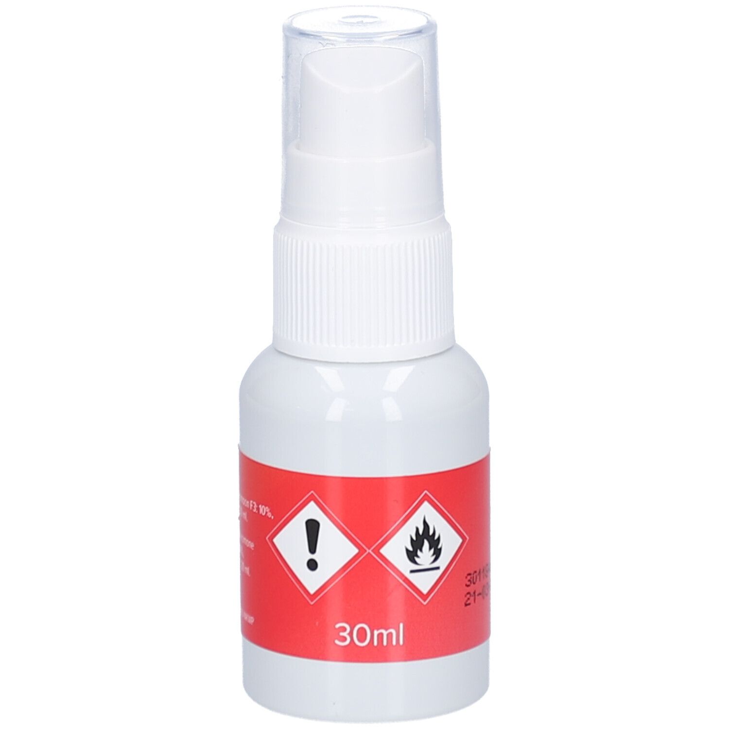 Flacon spray blanc avec étiquette rouge. Étiquette avec symboles d'avertissement et indication de volume 30ml.