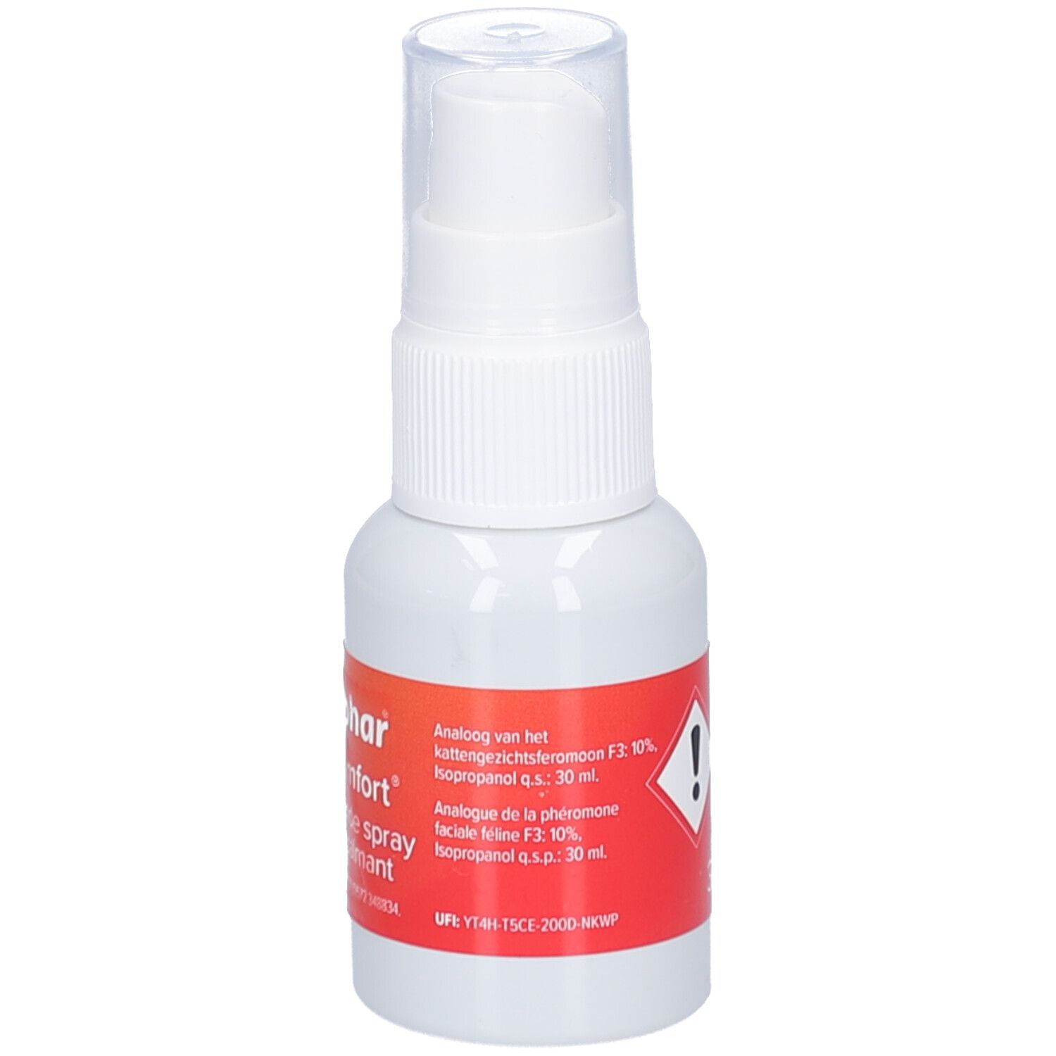 Flacon spray blanc avec étiquette rouge. Étiquette avec informations sur le produit et symbole d'avertissement.