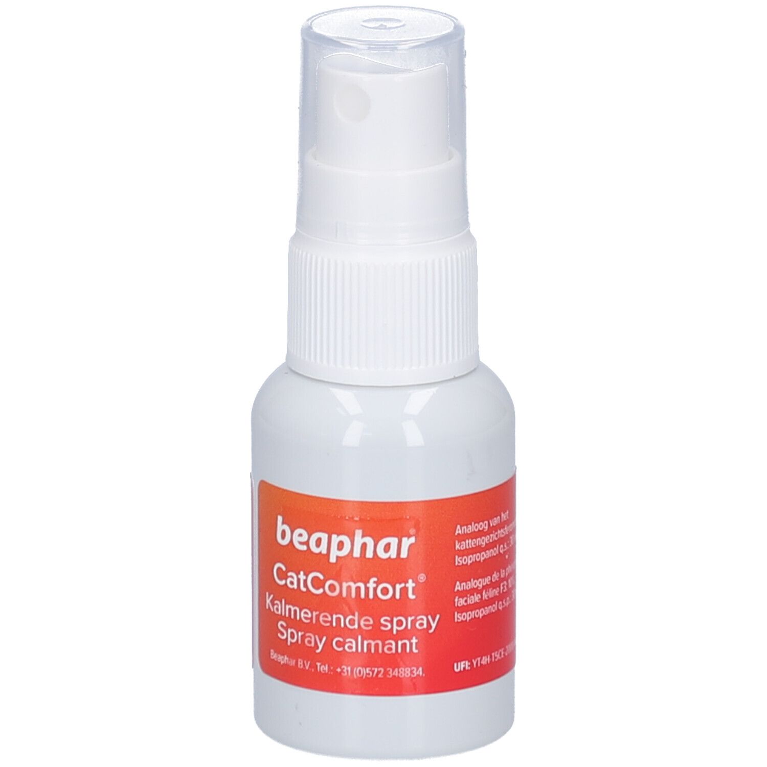 Flacon spray blanc avec étiquette rouge. Étiquette avec nom du produit et texte en allemand et français.