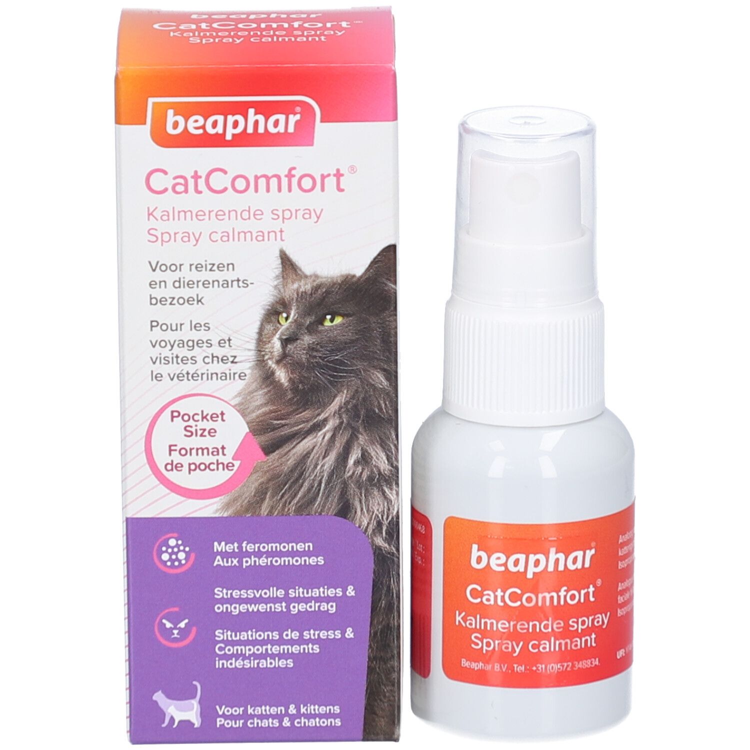 Produit avec emballage. Flacon spray blanc à côté d'une boîte. Un chat est représenté sur la boîte.