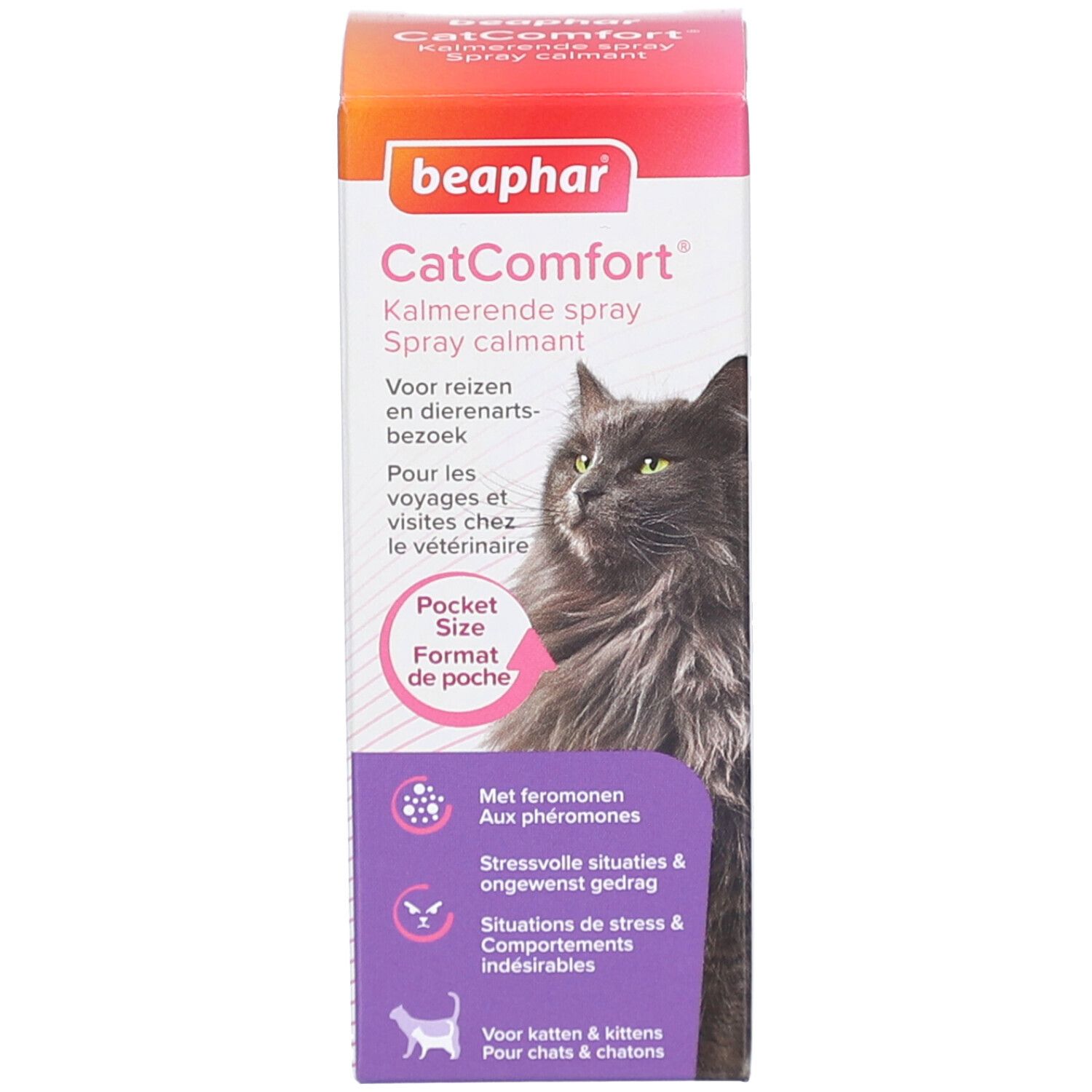 Emballage du produit. Boîte avec nom du produit, chat et informations sur le produit.