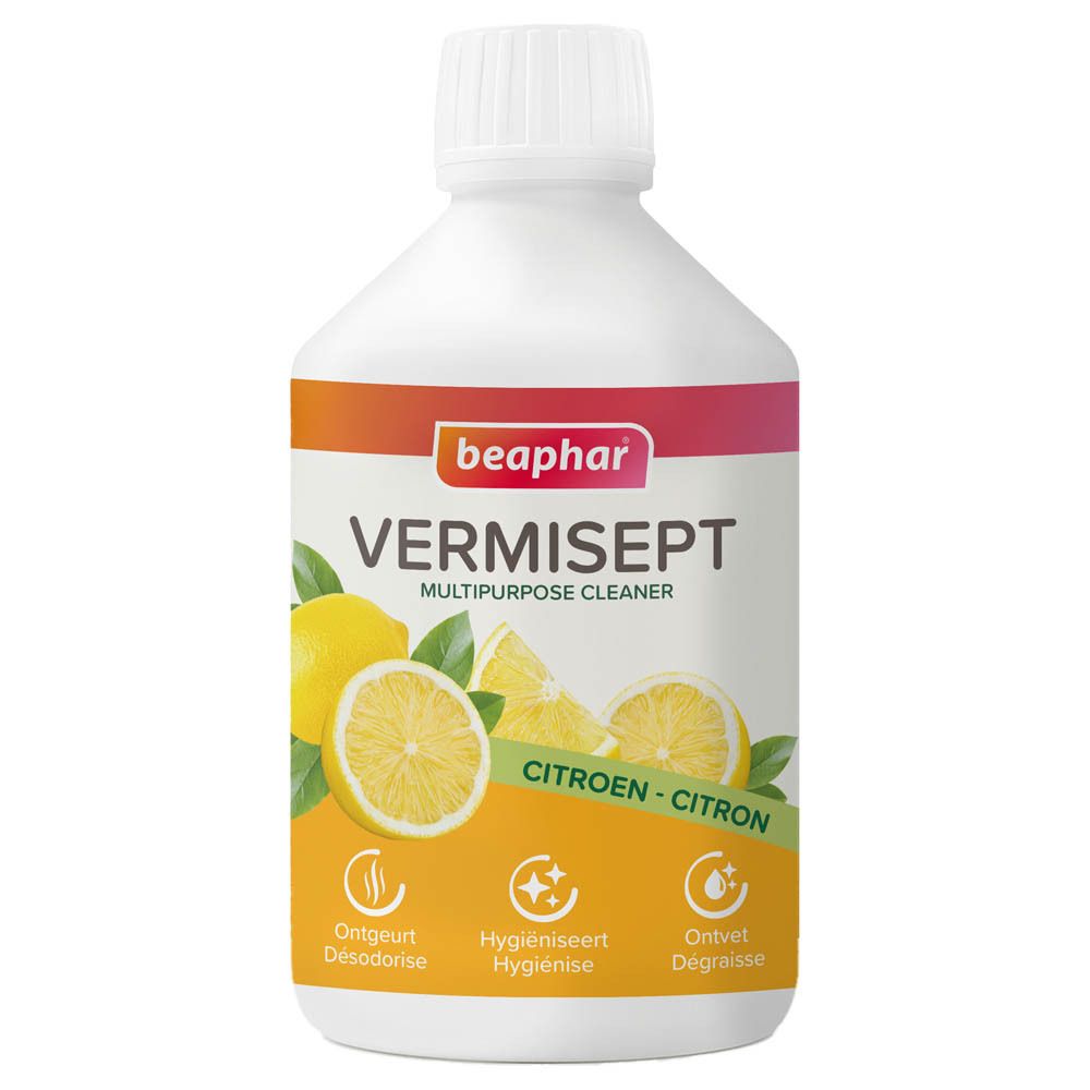 Bouteille blanche avec étiquette. Inscription Beaphar, VERMISEPT, citron. Illustration de citrons. Trois pictogrammes.