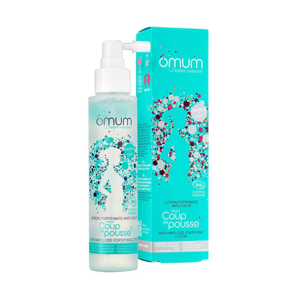 Emballage du produit. Flacon et boîte. Marque Omum. Texte: Lotion fortifiante anti-chute. Certification bio.