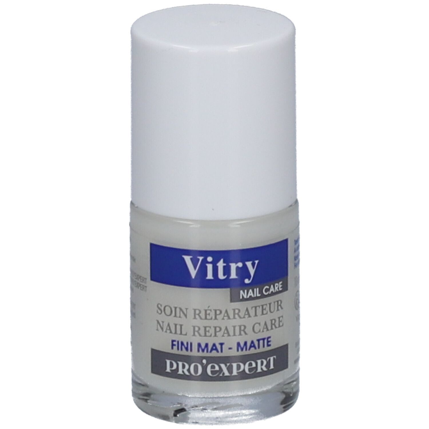 Flacon de vernis à ongles avec bouchon blanc. Étiquette : Vitry, Nail Care, Soin Réparateur, Fini Mat-Matte, Pro'Expert.