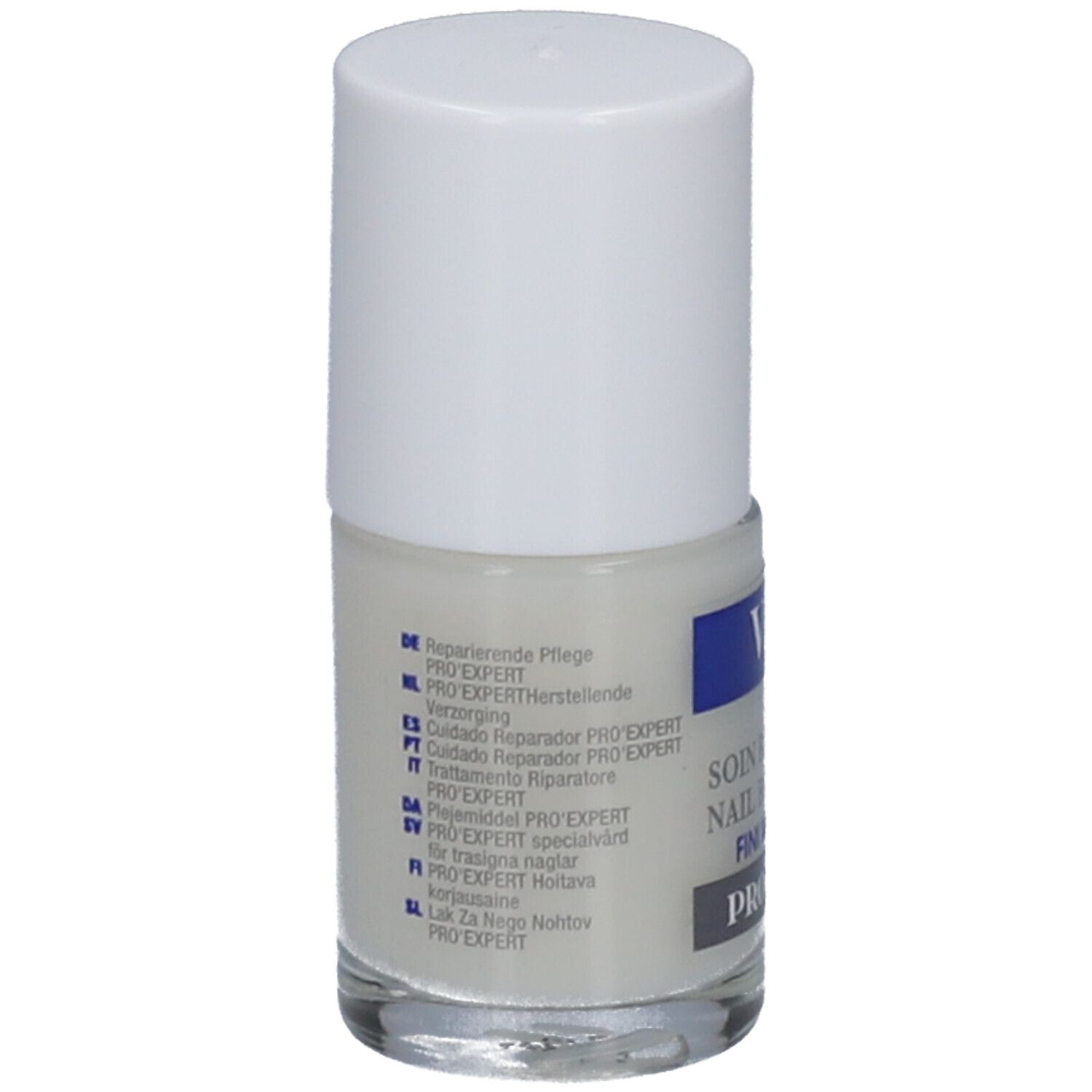 Flacon de vernis à ongles avec bouchon blanc. Étiquette : Vitry, Nail Care, Soin Réparateur, Fini Mat-Matte, Pro'Expert. Informations multilingues.