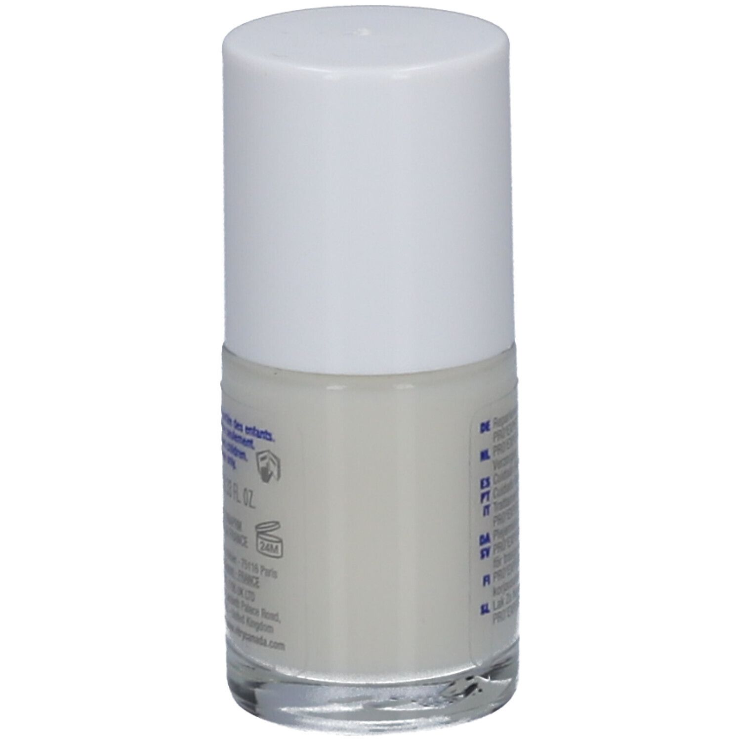 Flacon de vernis à ongles avec bouchon blanc. Dos avec informations. Contient des informations sur les ingrédients et le fabricant.