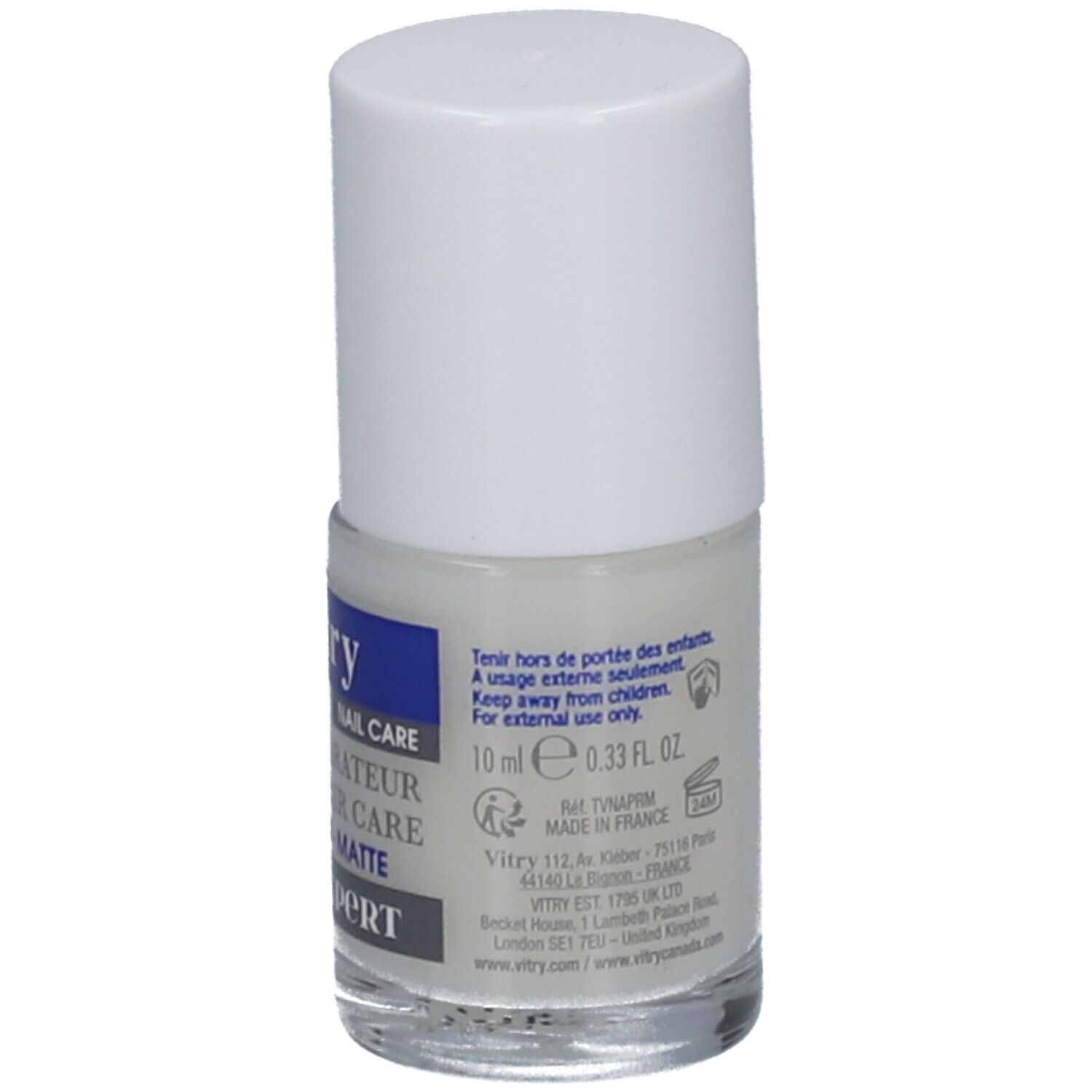 Flacon de vernis à ongles avec bouchon blanc. Étiquette : 10 ml, 0.33 fl. oz. Informations d'utilisation et fabricant.