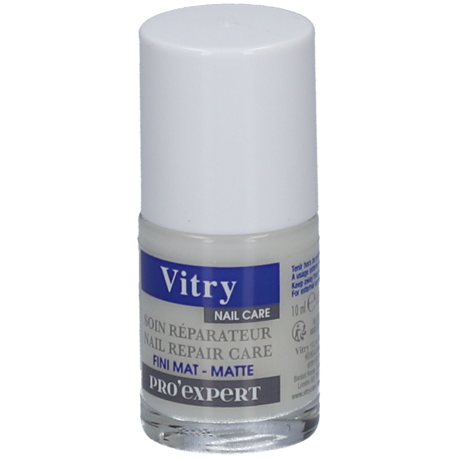 Flacon de vernis à ongles avec bouchon blanc. Étiquette : Vitry, Nail Care, Soin Réparateur, Fini Mat-Matte, Pro'Expert. 10 ml.