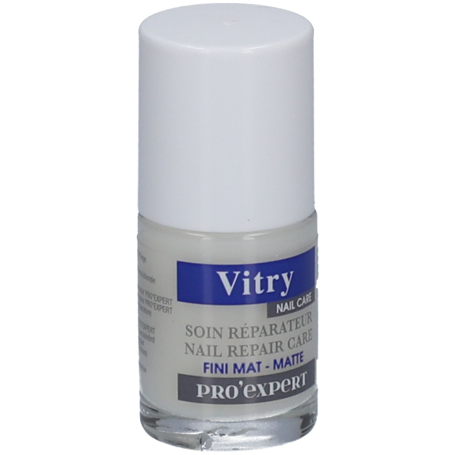 Flacon de vernis à ongles avec bouchon blanc. Étiquette : Vitry, Nail Care, Soin Réparateur, Fini Mat-Matte, Pro'Expert.