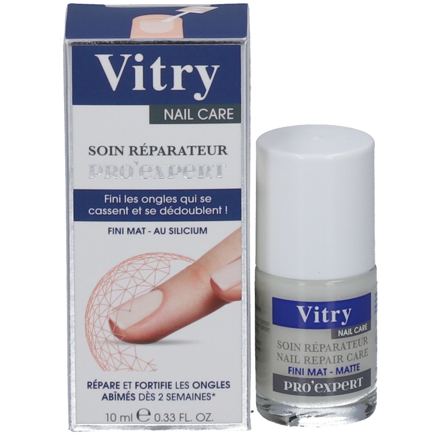 Emballage du produit et flacon de vernis à ongles. Emballage : Vitry, Nail Care, Soin Réparateur, Fini Mat-Matte, Pro'Expert. 10 ml.