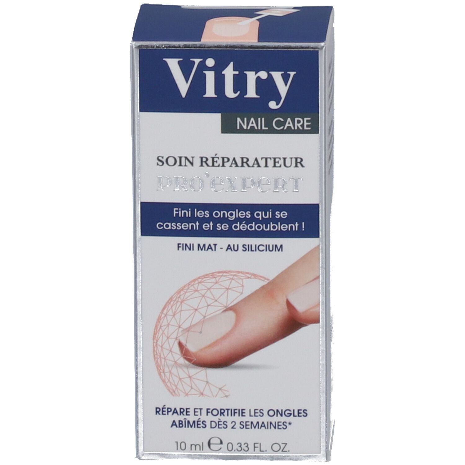 Emballage du produit. Sur l'emballage : Vitry, Nail Care, Soin Réparateur, Fini Mat-Matte, Pro'Expert. 10 ml.