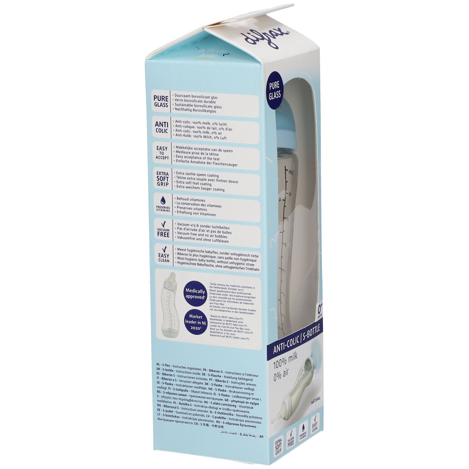 difrax® Biberon S Verre Natural Bleu 0+ mois 250 ml