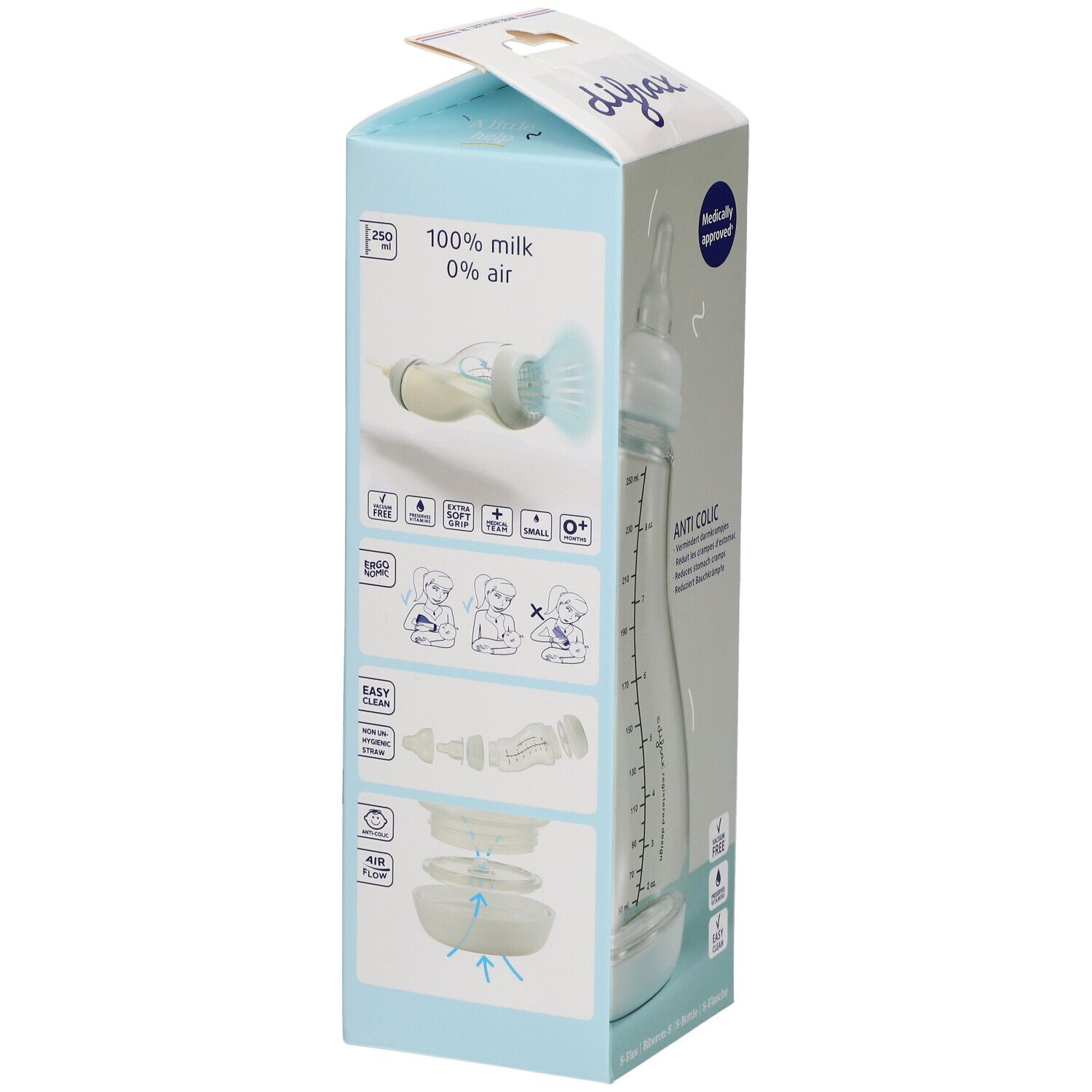 difrax® Biberon S Verre Natural Bleu 0+ mois 250 ml