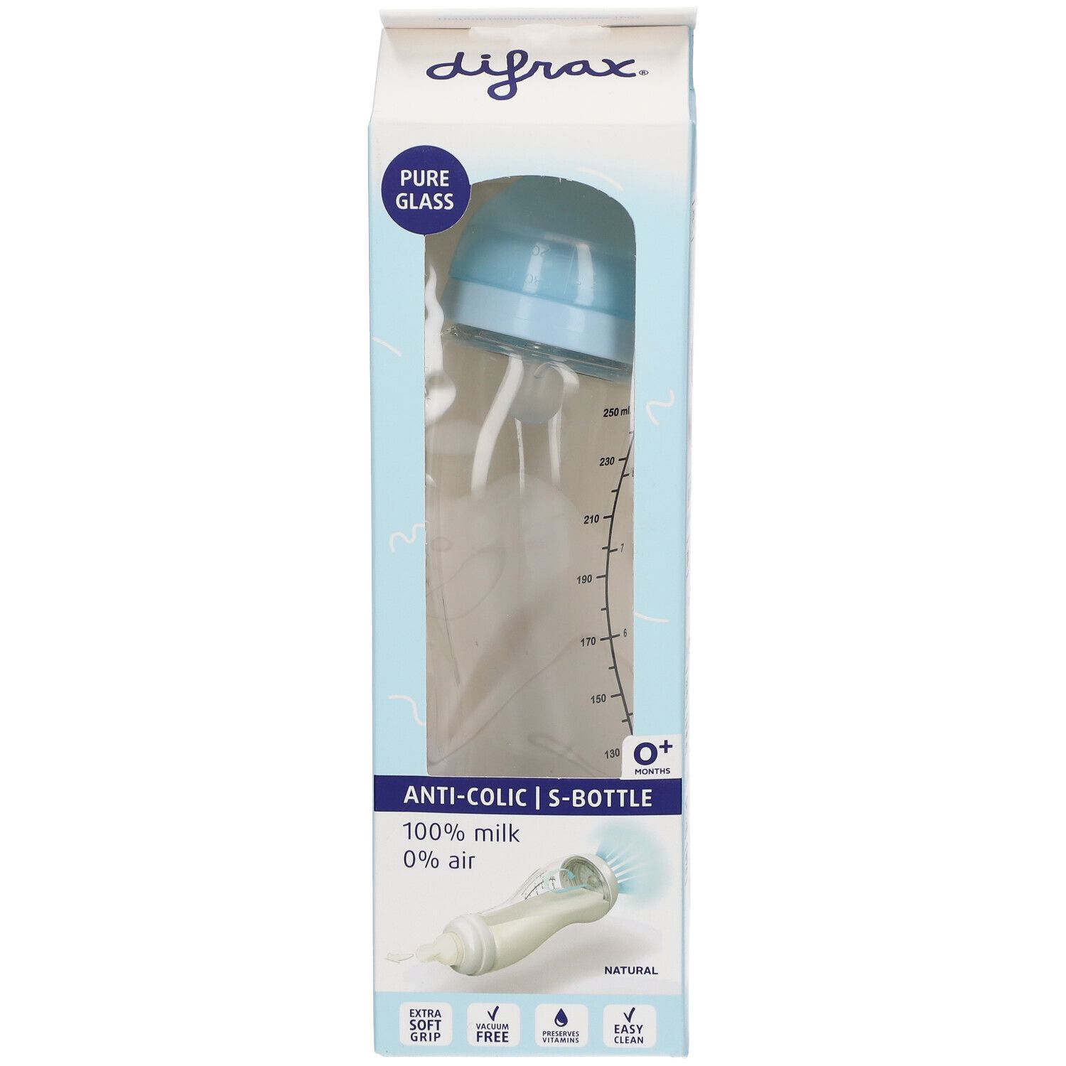 difrax® Biberon S Verre Natural Bleu 0+ mois 250 ml