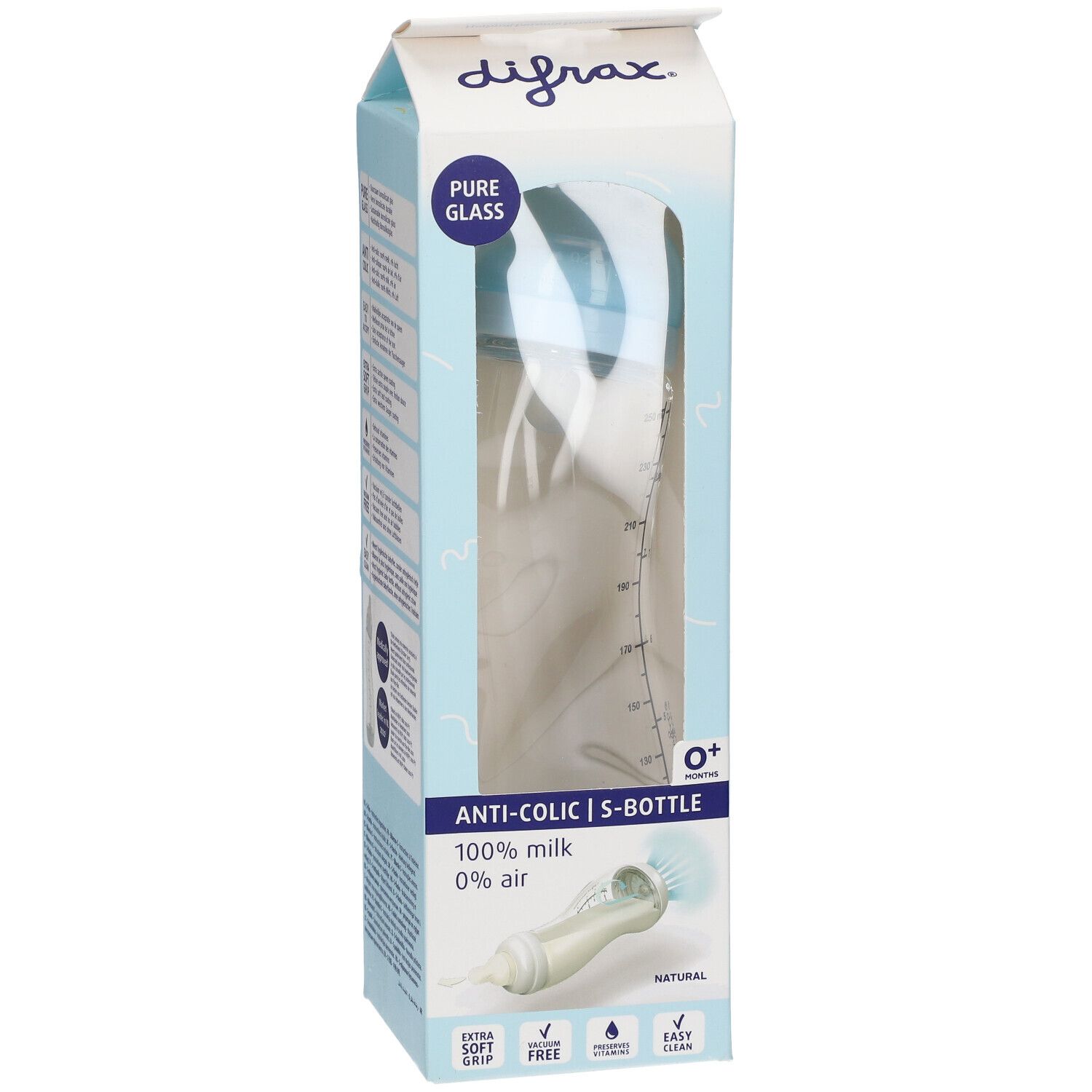 difrax® Biberon S Verre Natural Bleu 0+ mois 250 ml