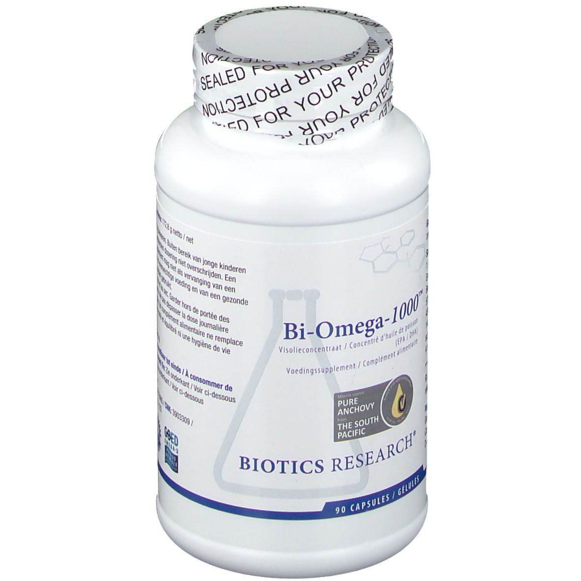 Flacon blanc de gélules. Inscription: Bi-Omega-1000, BIOTICS RESEARCH. 90 gélules. Sceau: FOR YOUR PROTECTION.