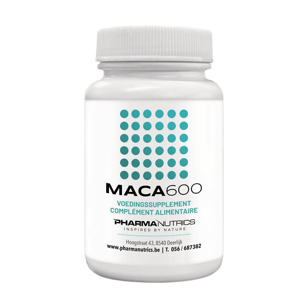 Flacon blanc de gélules. Inscription MACA600, complété par VOEDINGSSUPPLEMENT COMPLEMENT ALIMENTAIRE. Marque PharmaNutrics.