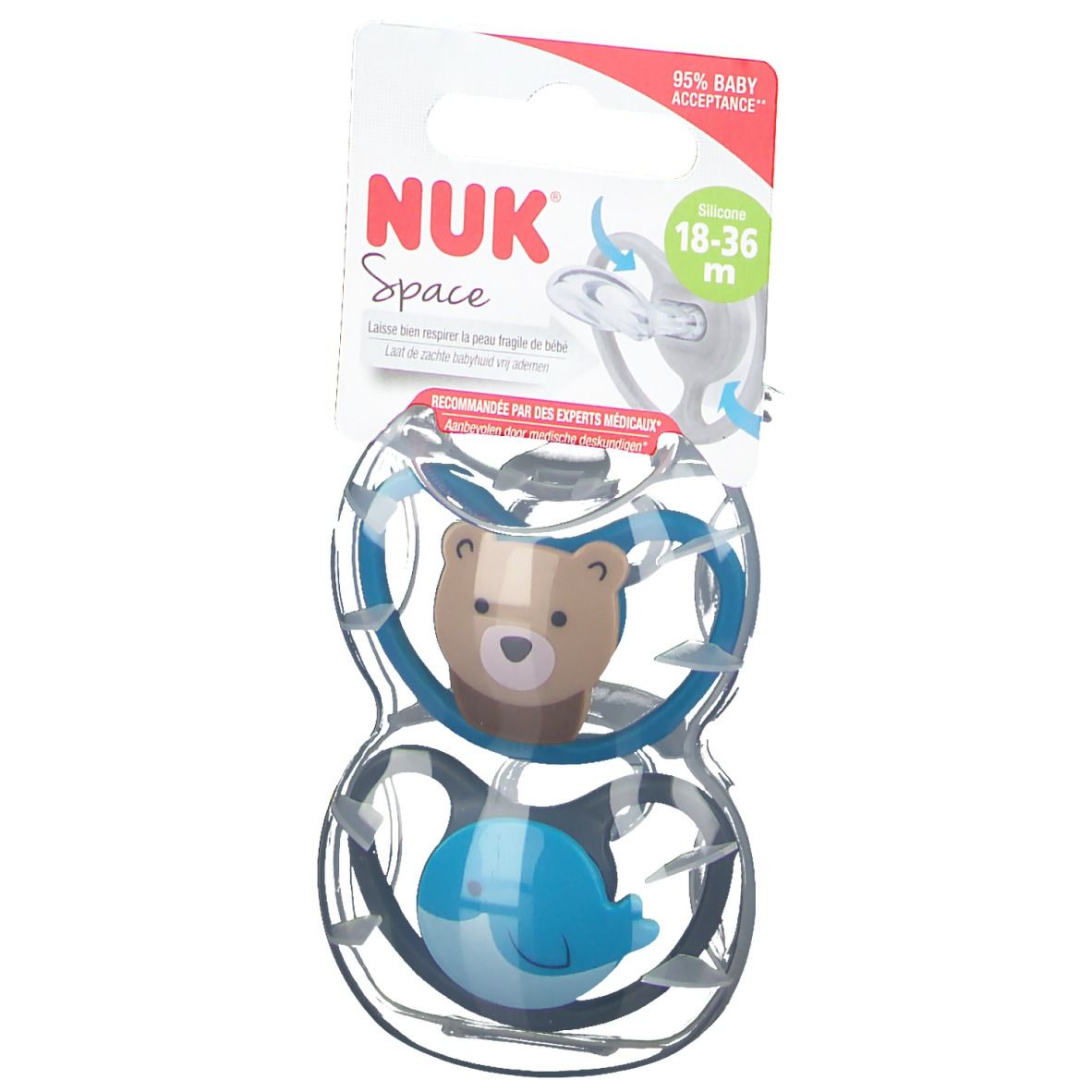 NUK Sucette 2 Space Baleine et Ours 18-36 mois