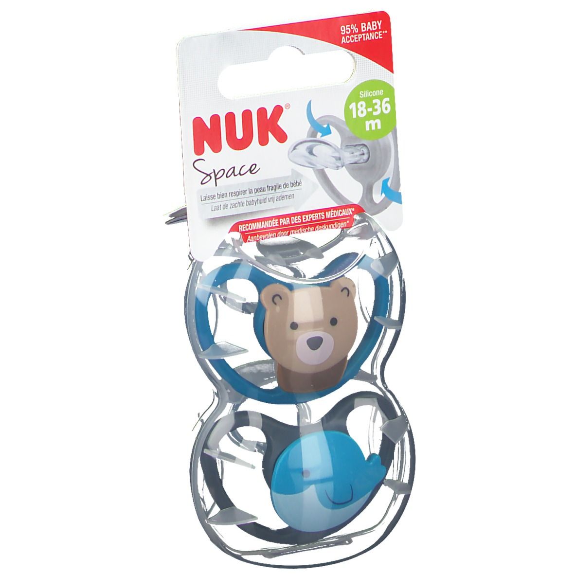 NUK Sucette 2 Space Baleine et Ours 18-36 mois