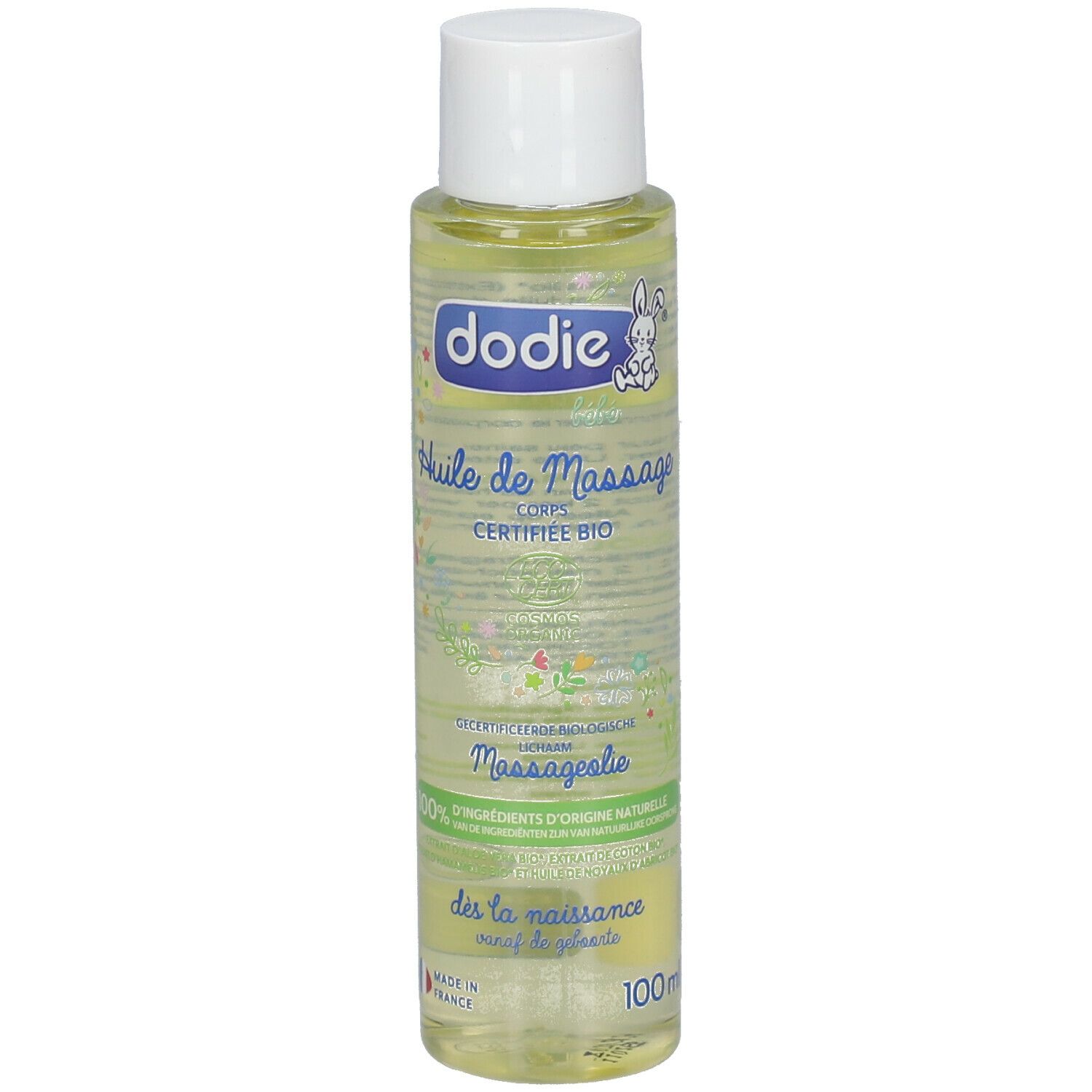 Flacon d'huile pour le corps avec bouchon blanc. Inscription : Dodie, Huile de Massage, Certifiée Bio. 100% ingrédients naturels.
