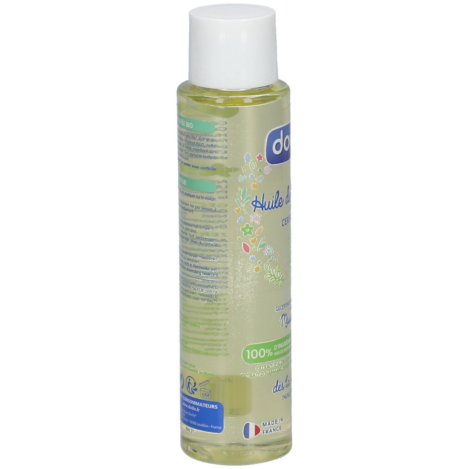 Dos du flacon d'huile pour le corps avec bouchon blanc. Texte : Huile de Massage, Certifiée Bio. 100% ingrédients naturels.
