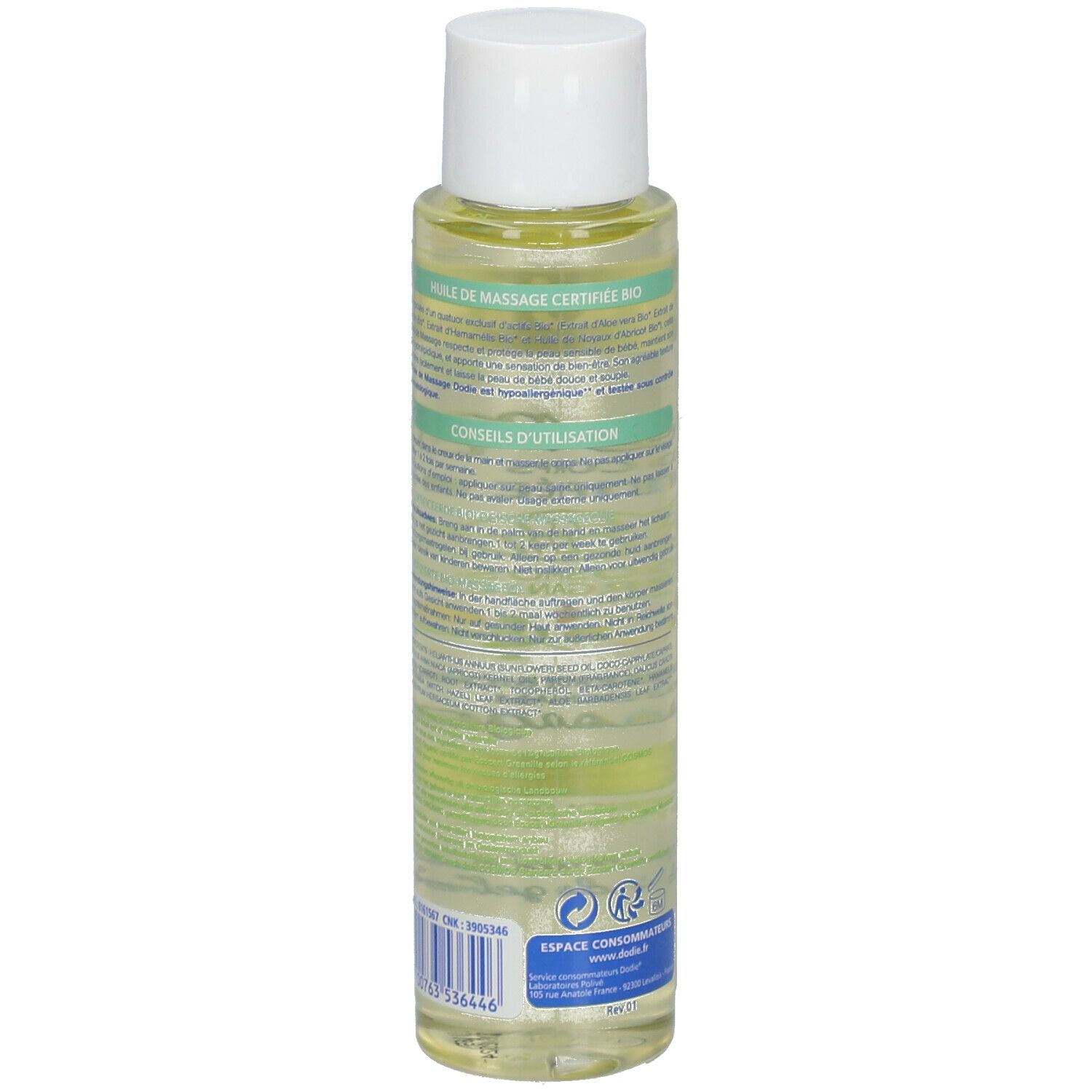 Dos du flacon d'huile pour le corps avec bouchon blanc. Texte : Huile de Massage Certifiée Bio. Avec mode d'emploi et ingrédients.