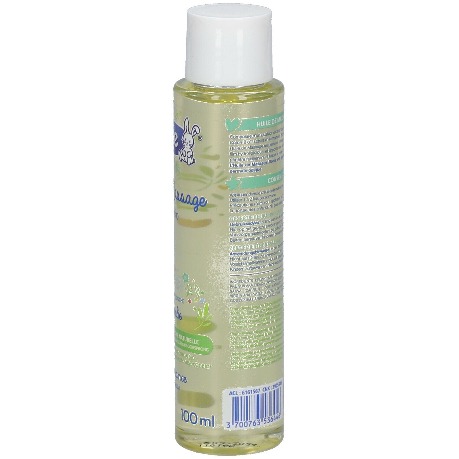 Dos du flacon d'huile pour le corps avec bouchon blanc. Texte : Huile de Massage, Certifiée Bio. 100% ingrédients naturels. 100 ml.