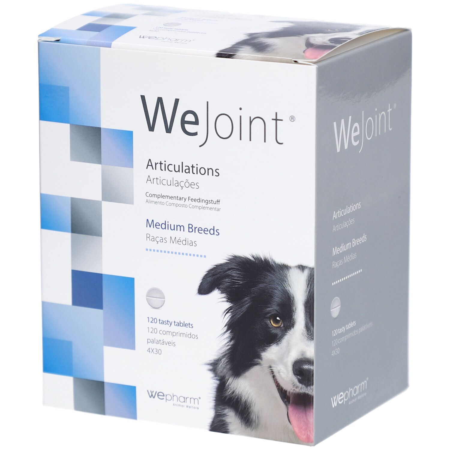 Boîte WeJoint pour chiens de races moyennes. Contient 120 comprimés. Logo WePharm en bas. Image d'un chien.