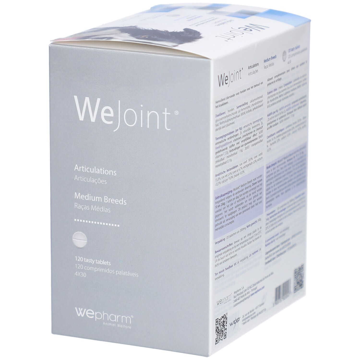 Boîte WeJoint pour chiens de races moyennes. Contient 120 comprimés. Logo WePharm. Texte sur l'emballage.