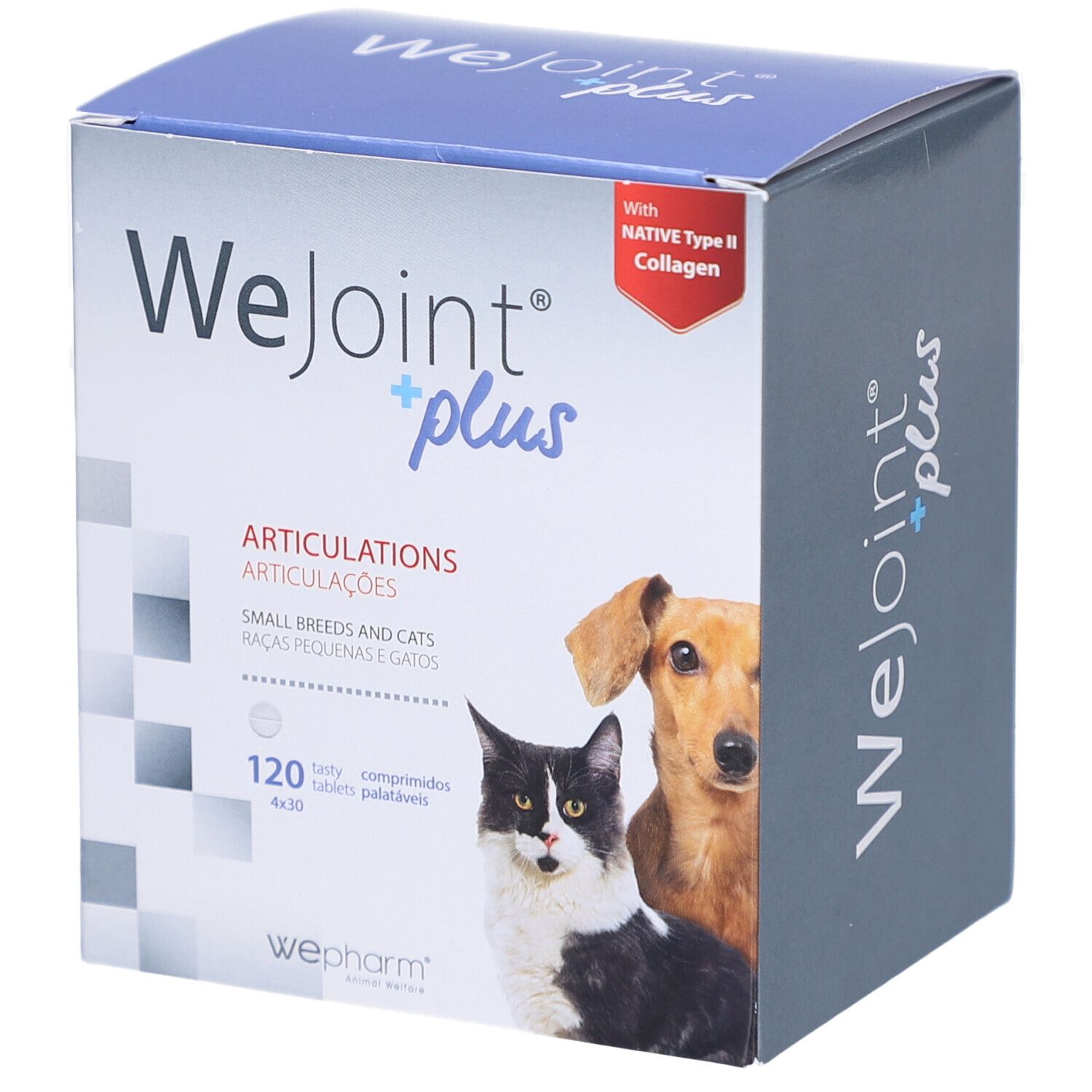 Boîte WeJoint plus. Contient 120 comprimés pour petits chiens et chats. Image d'un chien et d'un chat.