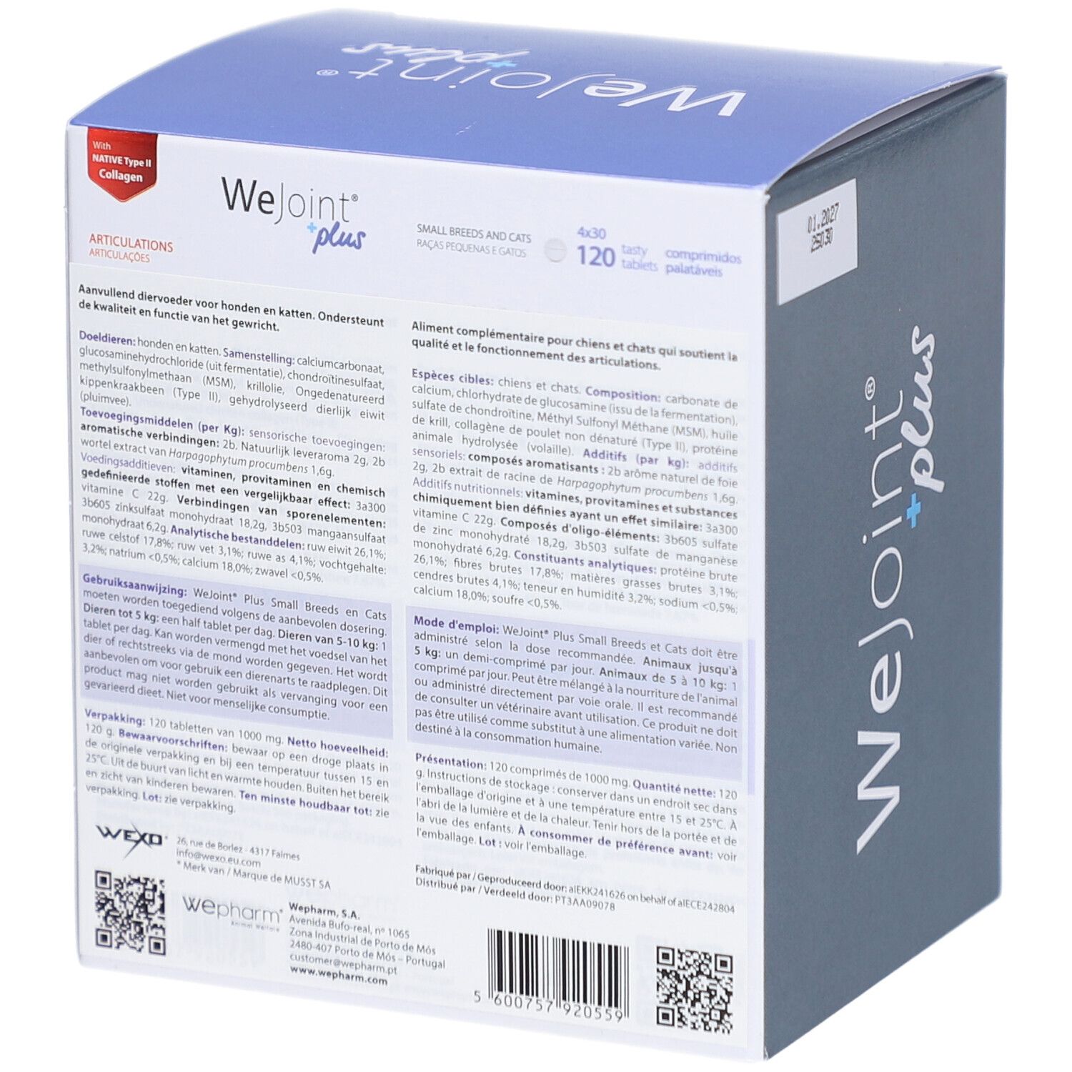 Dos de la boîte WeJoint plus. Contient des informations multilingues. Avec code QR et code-barres.