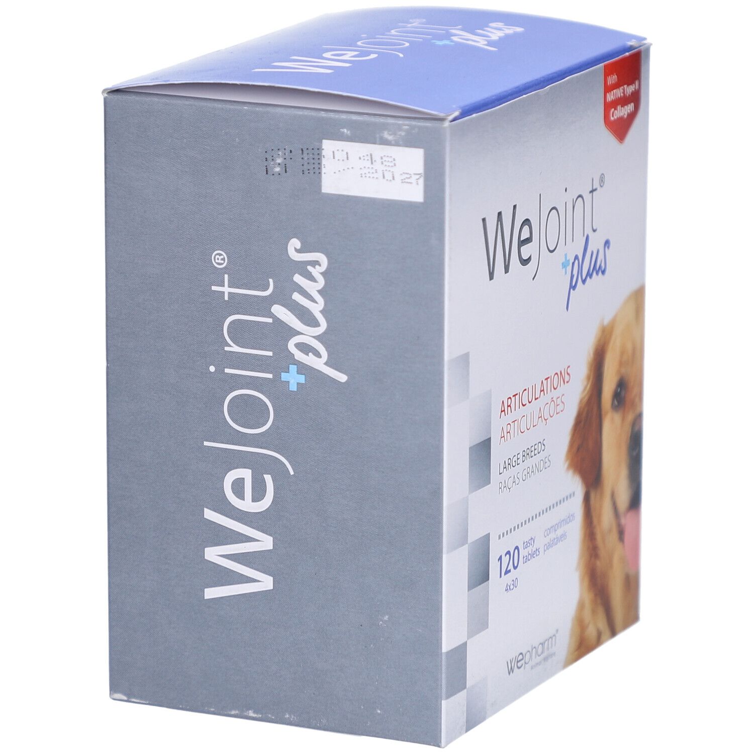 Côté gris de la boîte WeJoint plus. Texte : articulations, grandes races, 120 comprimés. Image de chien.
