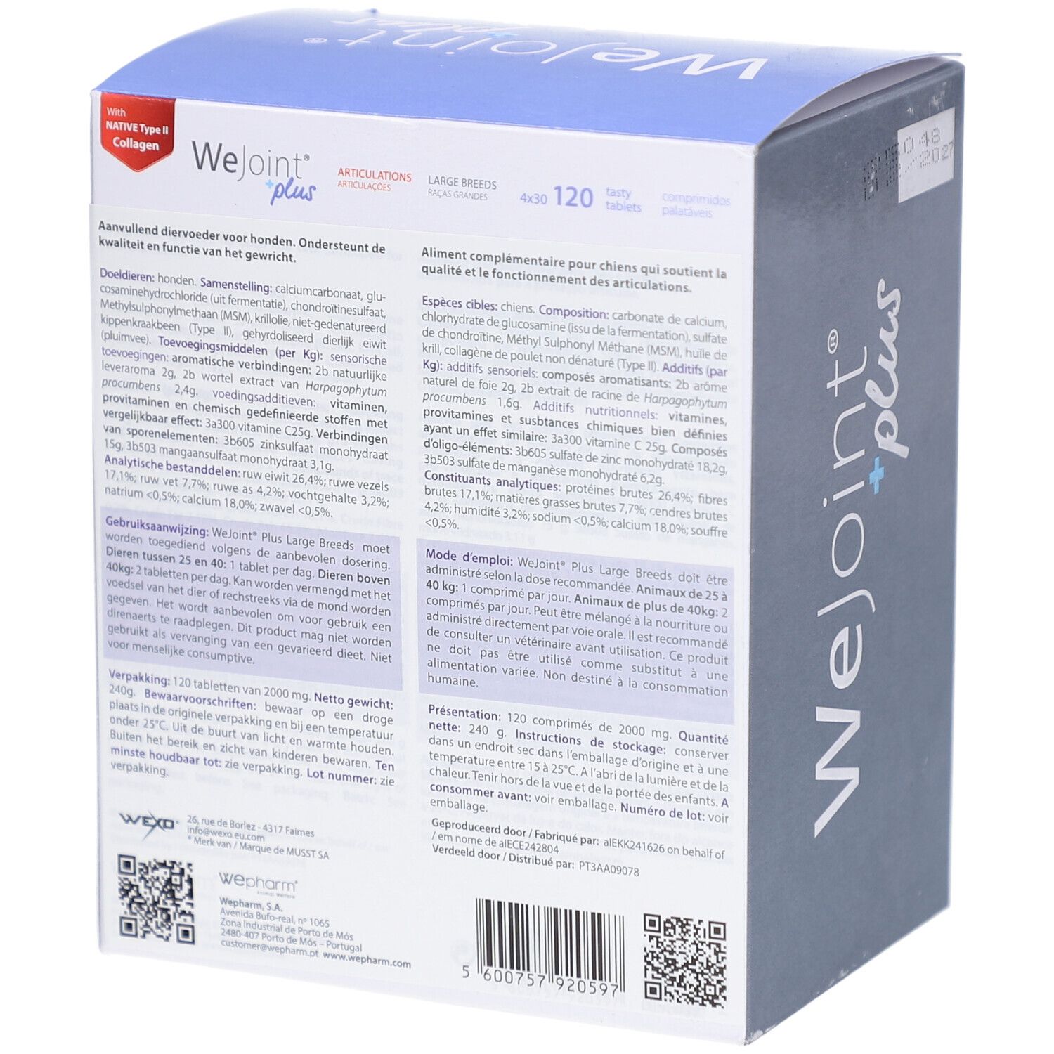 Dos de la boîte WeJoint plus. Texte multilingue. 120 comprimés. Ingrédients et mode d'emploi.