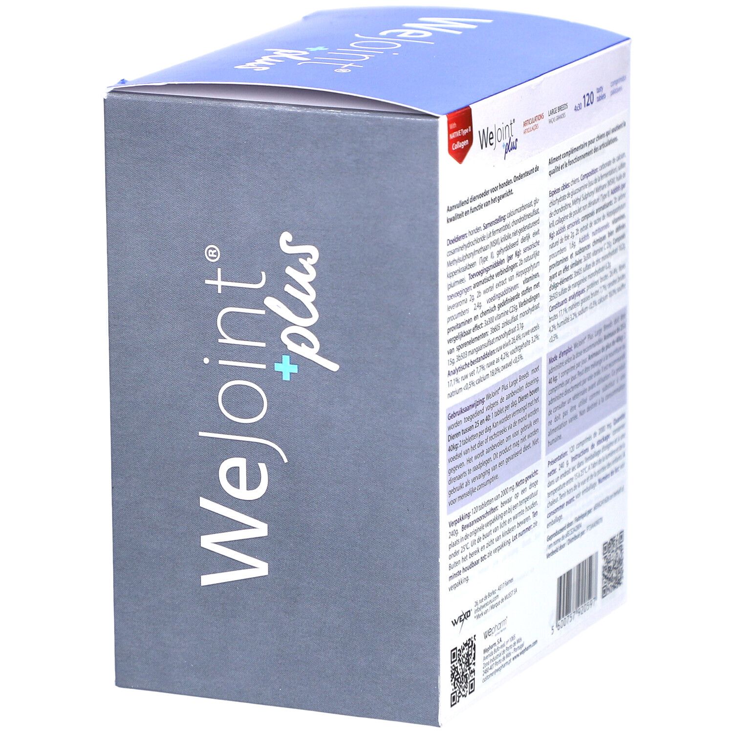 Côté gris de la boîte WeJoint plus. Texte multilingue. 120 comprimés. Ingrédients et mode d'emploi.